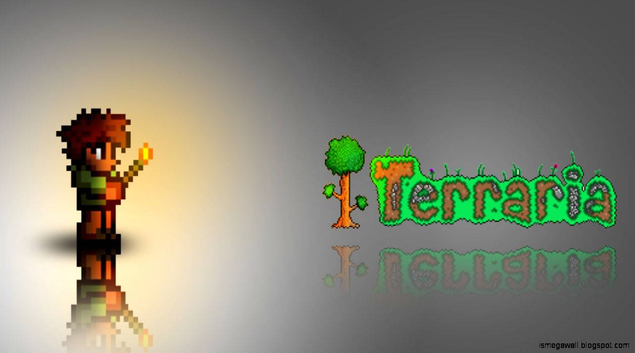 泰拉瑞亞 桌布 壁紙 — 像素藝術 Terraria 標誌，角色手持火炬，背景為漸層色並帶有倒影。