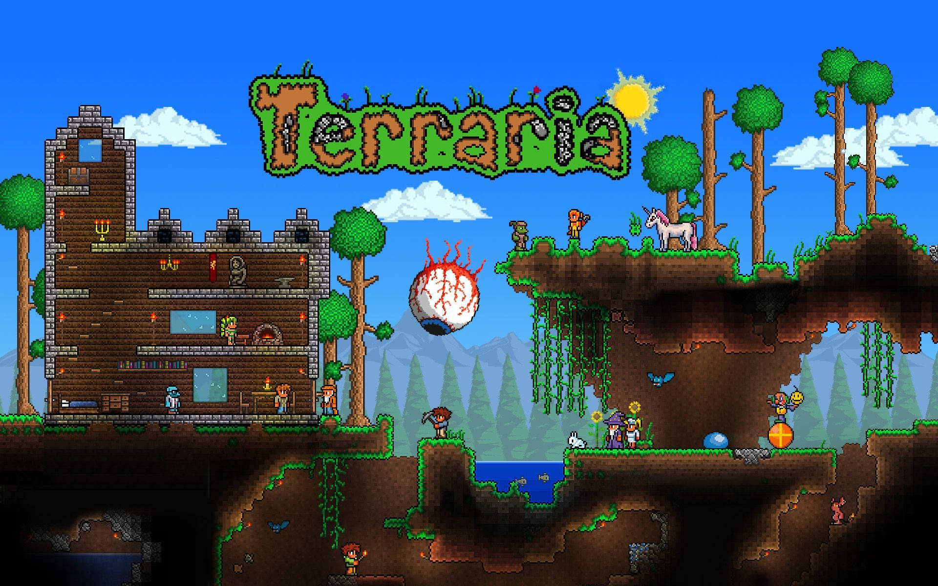 Terraria 桌布 壁紙 — 像素藝術 Terraria 遊戲場景，有城堡、樹木、浮島和天空中的巨大眼球。