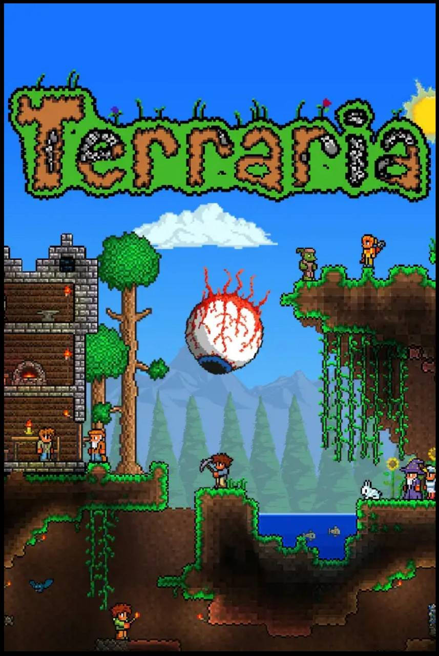 泰拉瑞亞 桌布 壁紙 — 像素藝術 Terraria 遊戲場景，有浮空島嶼、樹木、一個巨大的眼球，以及玩家探索一個充滿活力的世界。
