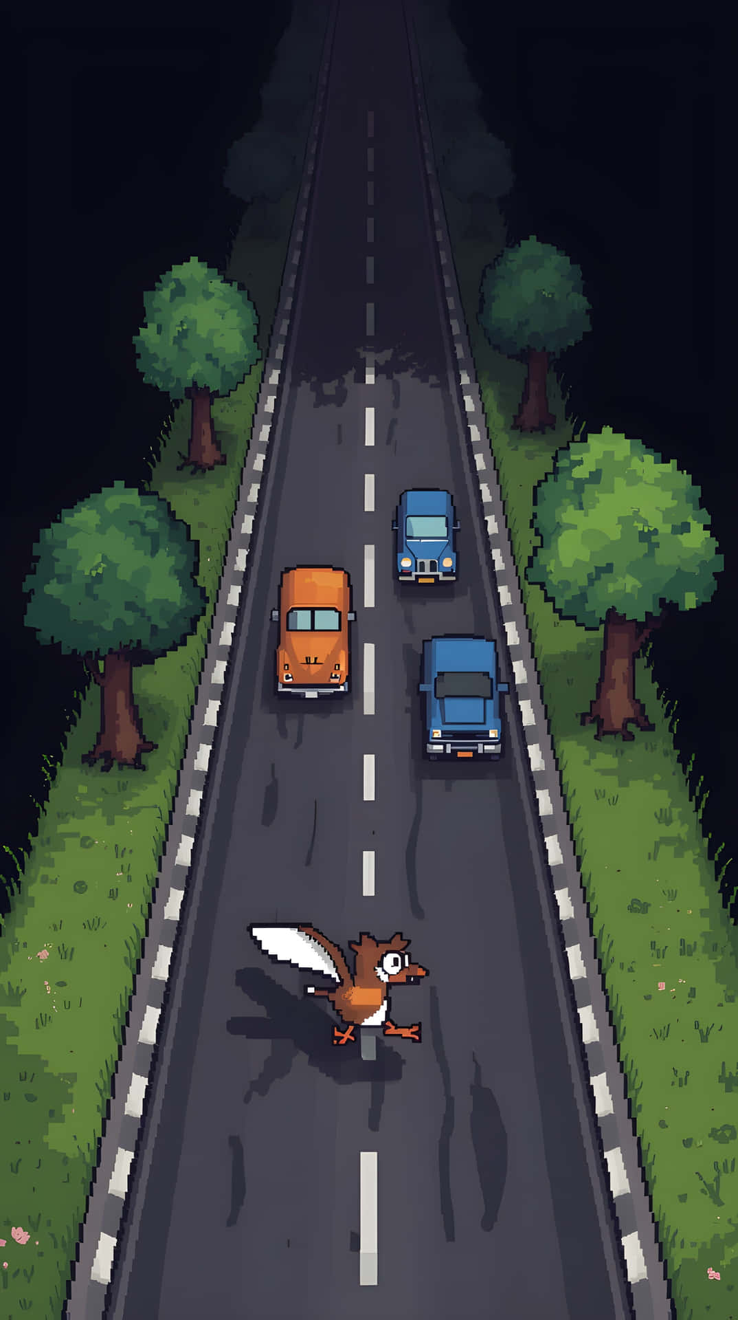 Retro Road Trip Art 壁紙 — 像素藝術俯視圖，一隻卡通鳥正在穿越一條黑暗的道路，有三輛車正在接近。