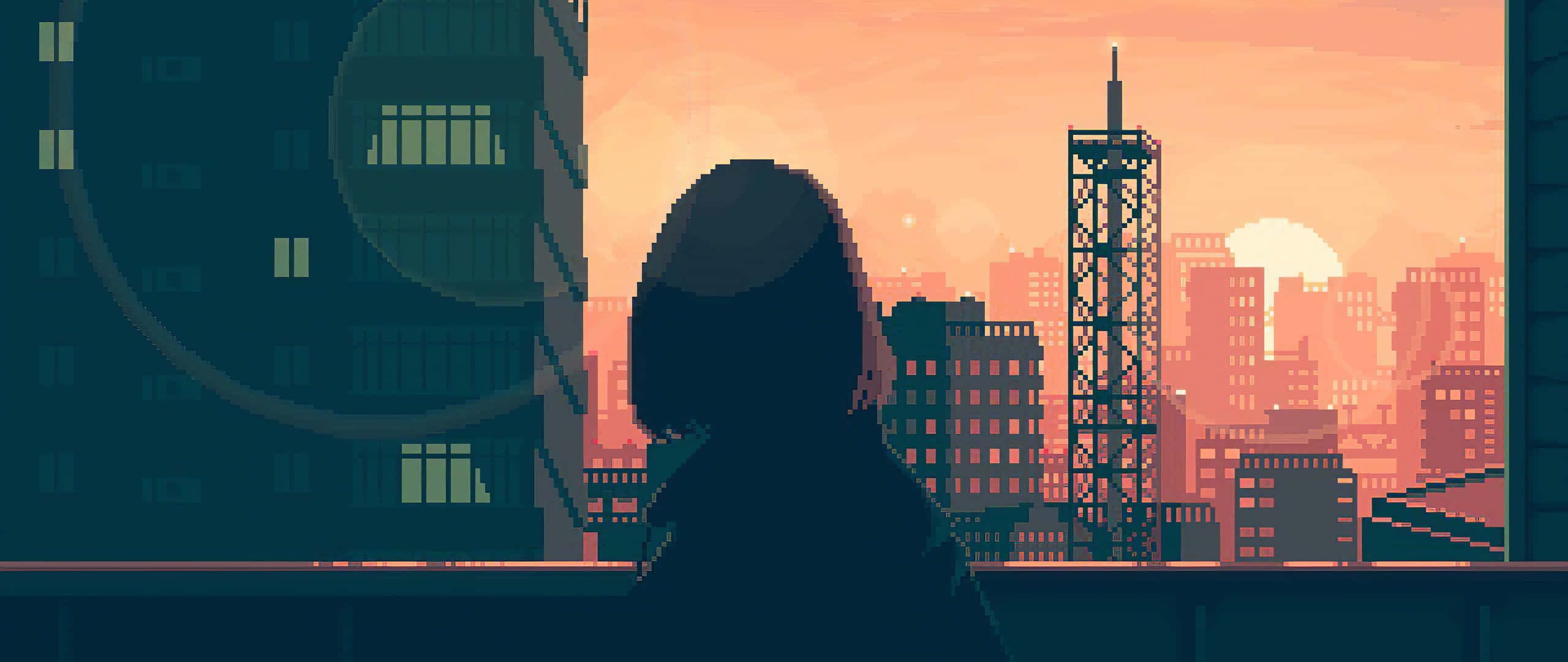 Art 2560x1080 桌布 壁紙 — 像素藝術剪影，一個人凝視著夕陽，背景是風格化的城市景觀，帶有溫暖的橙色和藍綠色調。