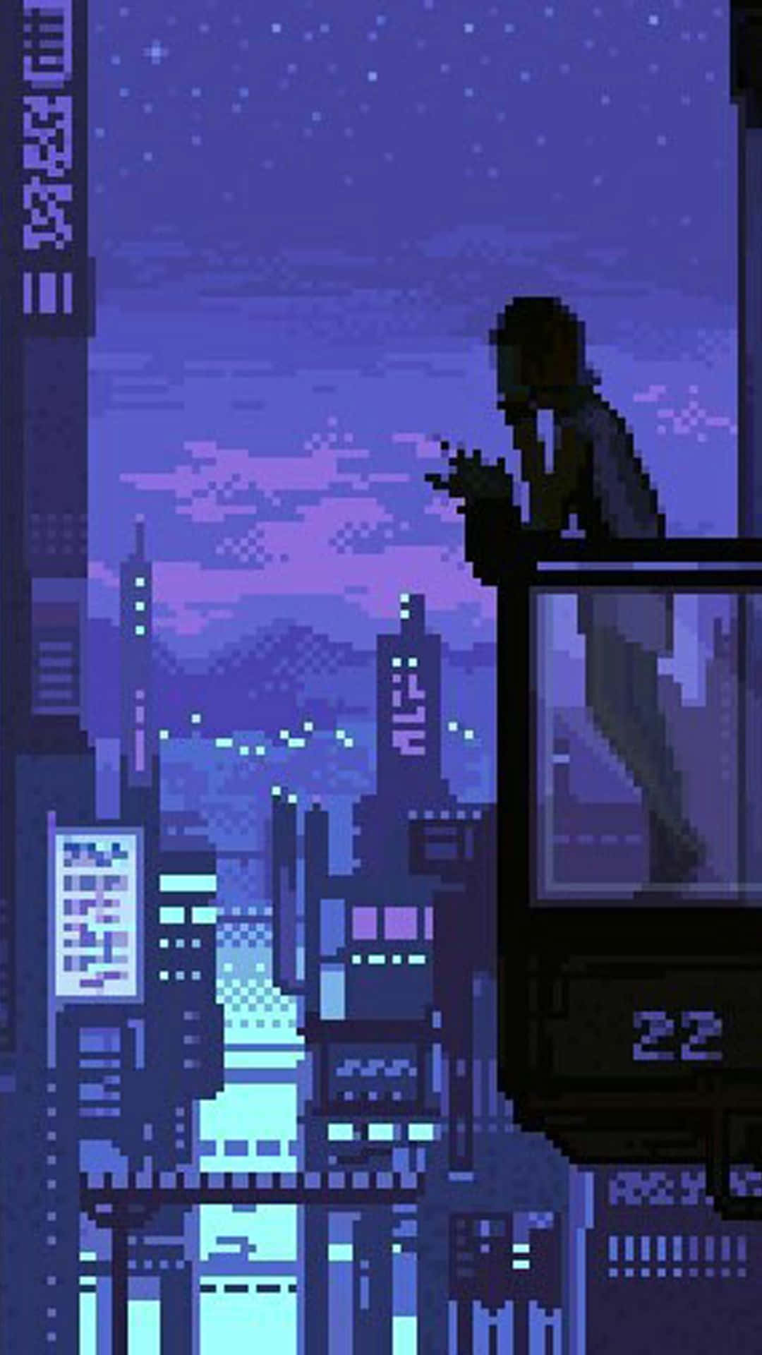 桌布 壁紙 — 像素藝術剪影，一個人站在屋頂上俯瞰夜晚霓虹燈閃爍的未來城市。