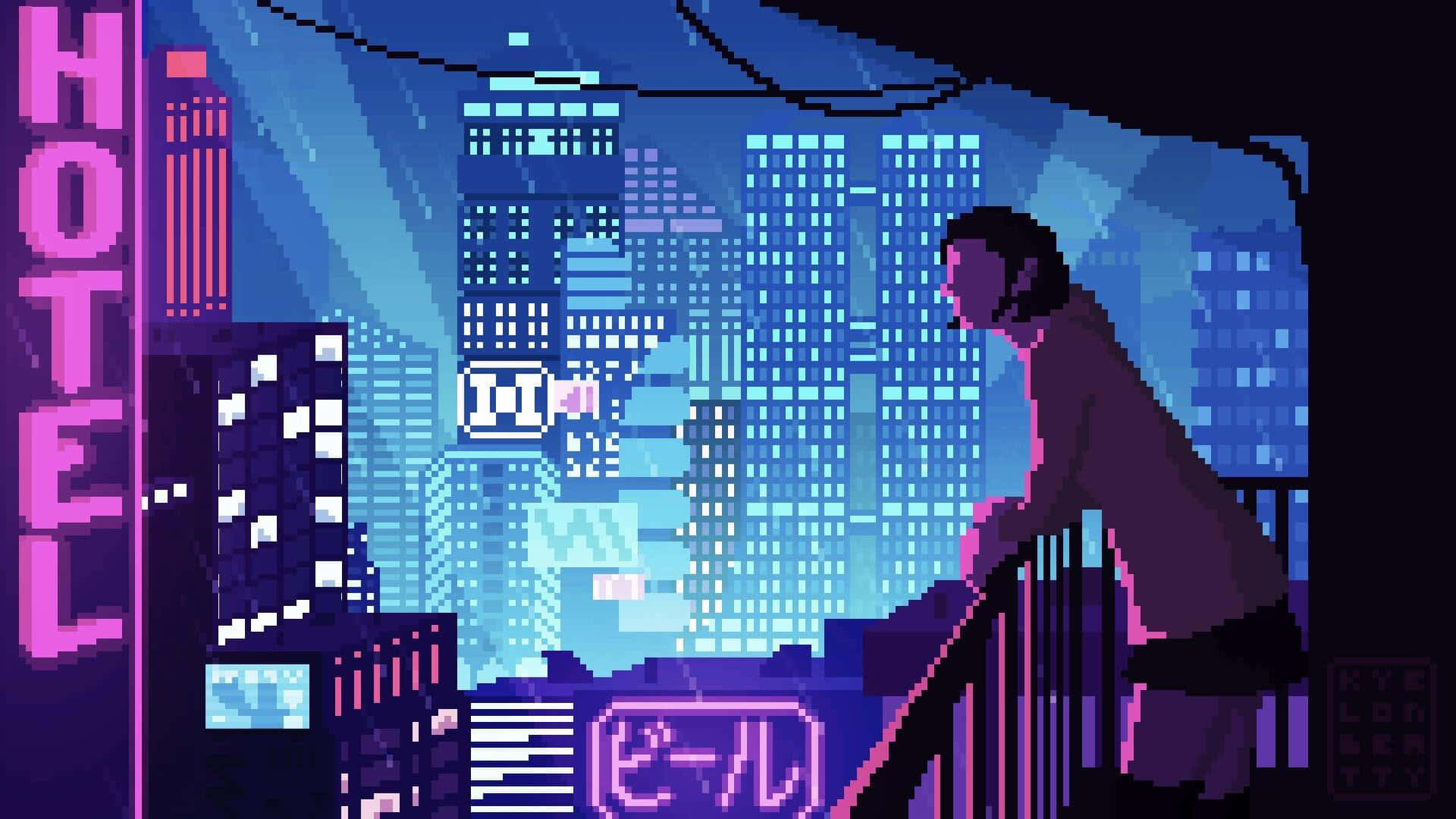 桌布 壁紙 — 像素藝術剪影，一個人站在陽台上俯瞰夜晚霓虹燈閃爍的賽博龐克城市景觀。