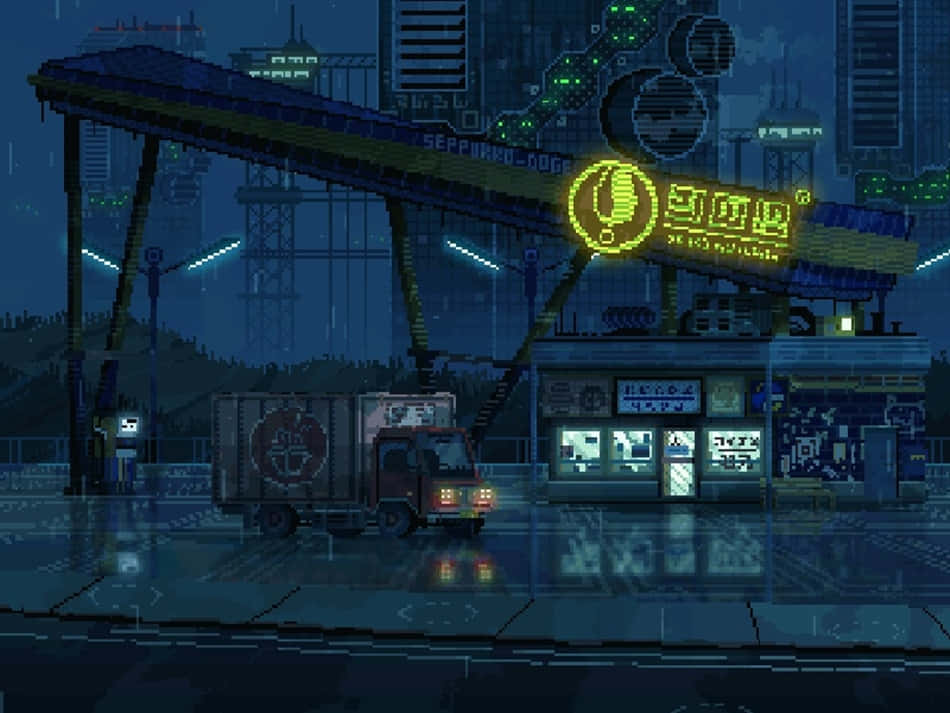 桌布 壁紙 — 像素藝術卡車停泊在霓虹燈加油站，雨夜天空下，未來城市景觀。