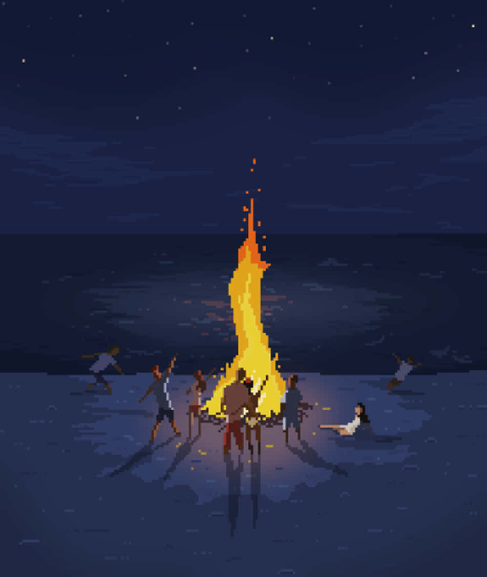 Pixel Beach 桌布 壁紙 — 像素藝術團體在繁星點點的夜空下，在海邊圍著熊熊營火跳舞。