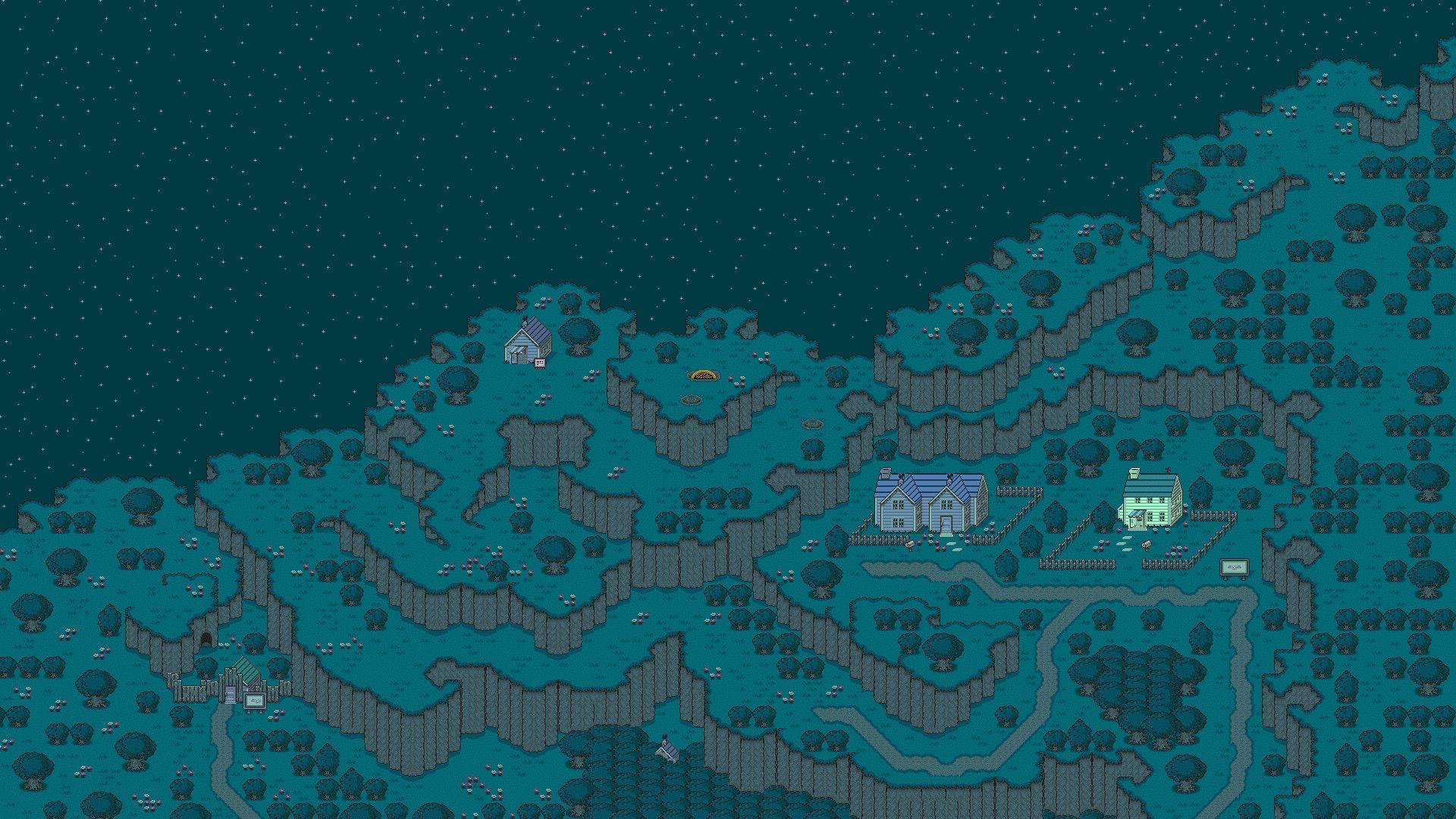 Earthbound 桌布 壁紙 — 像素藝術地圖，描繪一個積雪的山村，有房屋、樹木和蜿蜒小徑，背景是星空夜空。