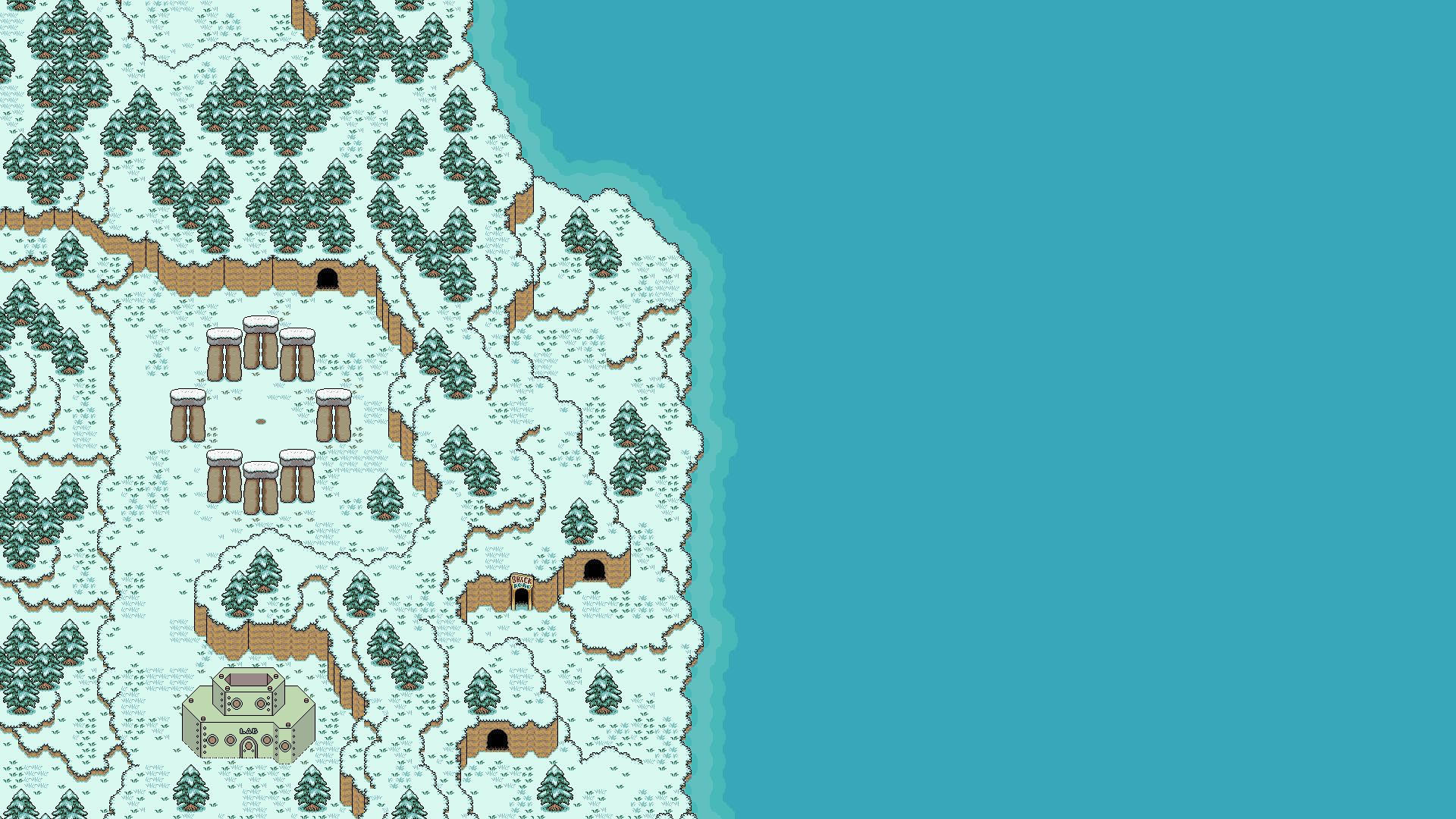 Earthbound 桌布 壁紙 — 像素藝術地圖，描繪雪覆蓋的森林海岸線，附近有石結構和洞穴，靠近碧綠色的海洋。