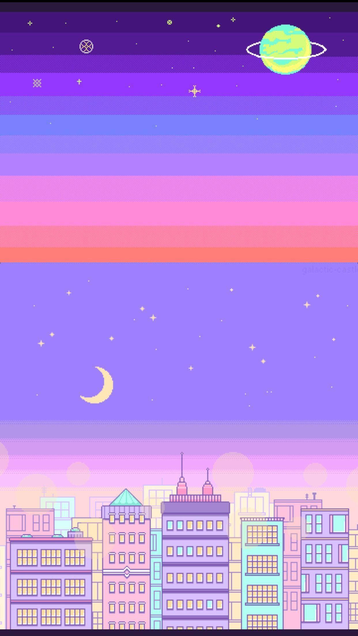Aesthetic Pixel Art HD 桌布 壁紙 — 像素藝術城市天際線，上方有漸變天空、星星、月亮和一顆行星。