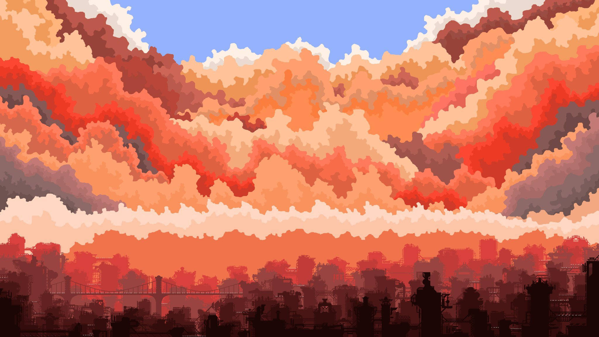 cute aesthetic pc 桌布 壁紙 — 像素藝術城市天際線，在火紅橙色的日落天空和層疊雲朵下呈現剪影。