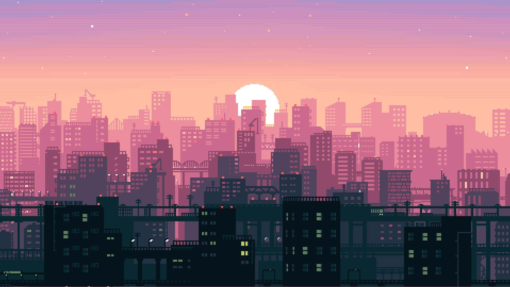 桌布 壁紙 — 像素藝術城市天際線，夕陽西下，建築物後方有發光的窗戶和一個巨大的太陽，呈現粉紅色和紫色調。