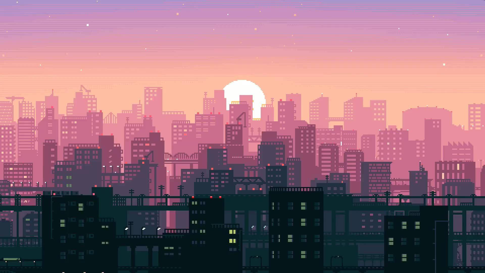 日落 桌布 壁紙 — 像素藝術城市天際線，夕陽西下，窗戶閃爍，天空呈現柔和的粉橙色漸變。