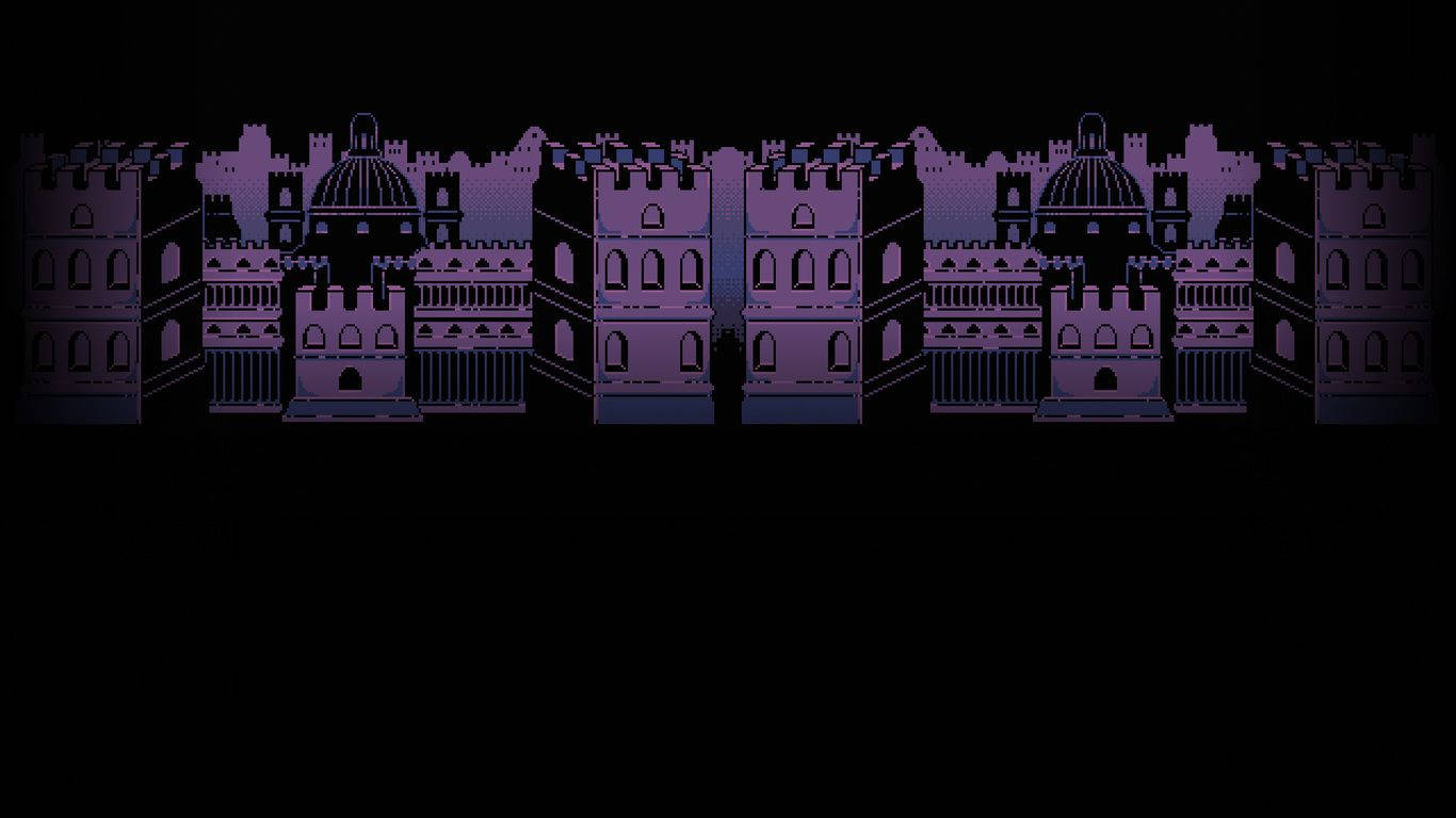Undertale 桌布 壁紙 — 像素藝術城市天際線，帶有紫色色調的哥德式建築，背景為黑色。
