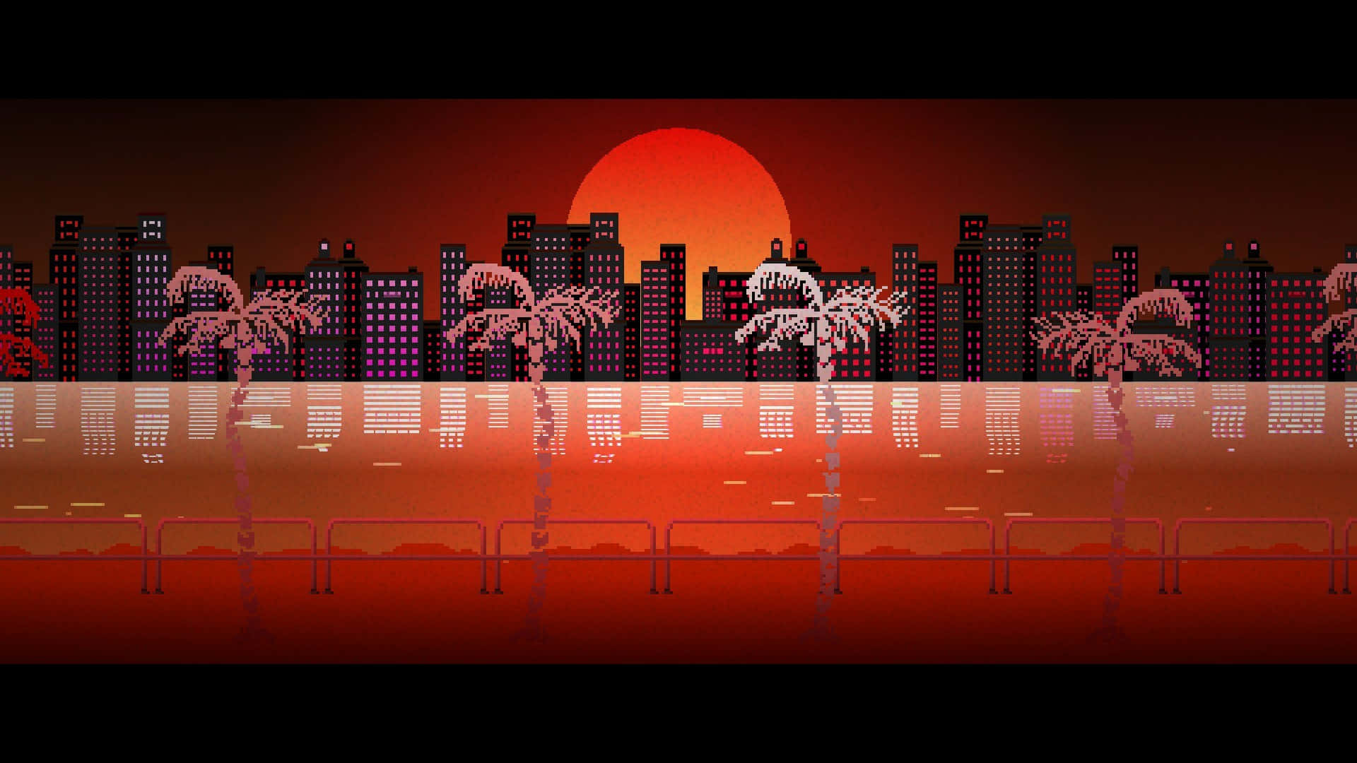 Hotline Miami 桌布 壁紙 — 像素藝術城市天際線，日落時分，棕櫚樹和發光的建築物倒映在水中。