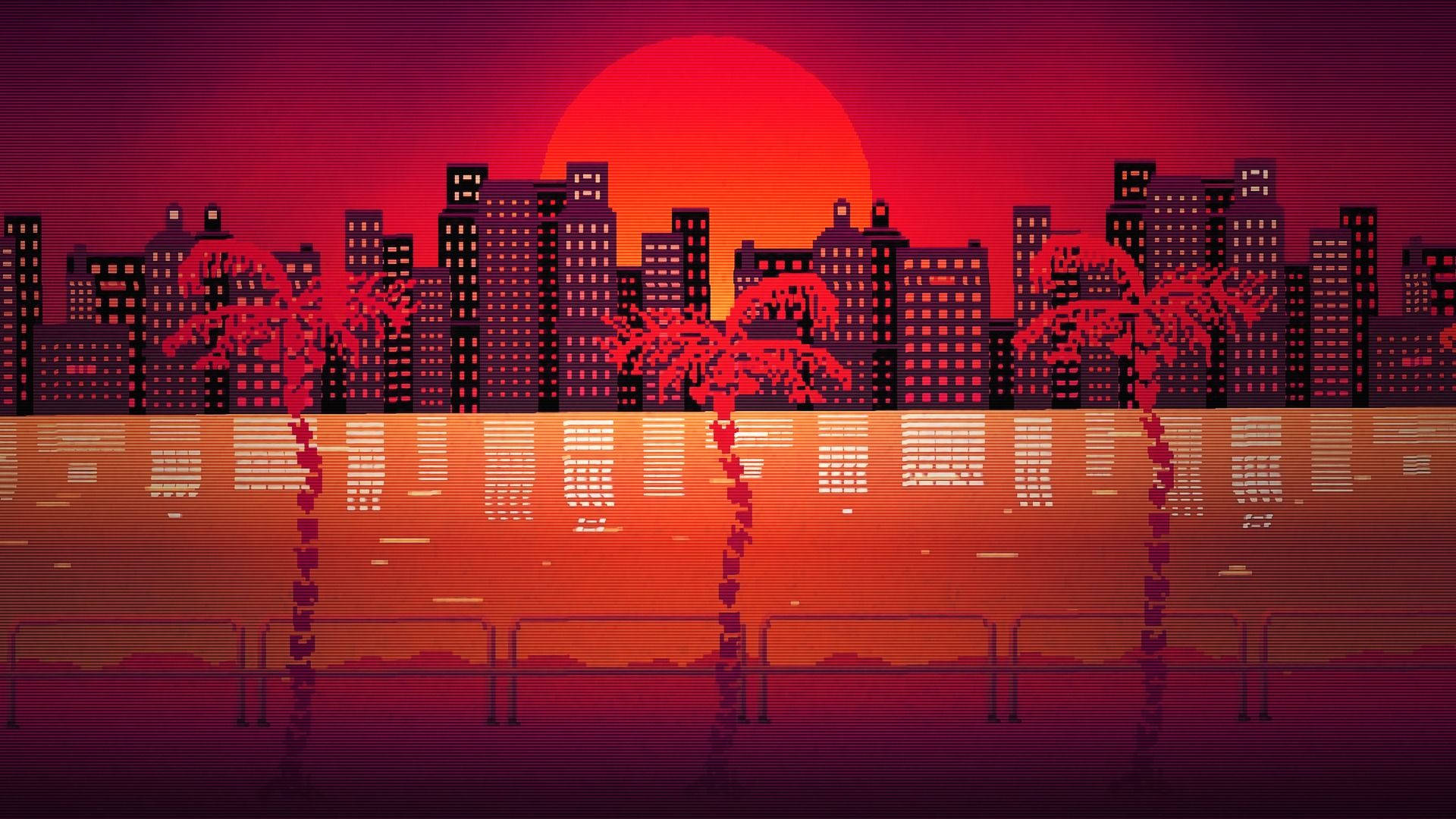 Hotline 桌布 壁紙 — 像素藝術城市天際線，日落時分，棕櫚樹和發光的建築物倒映在水中。