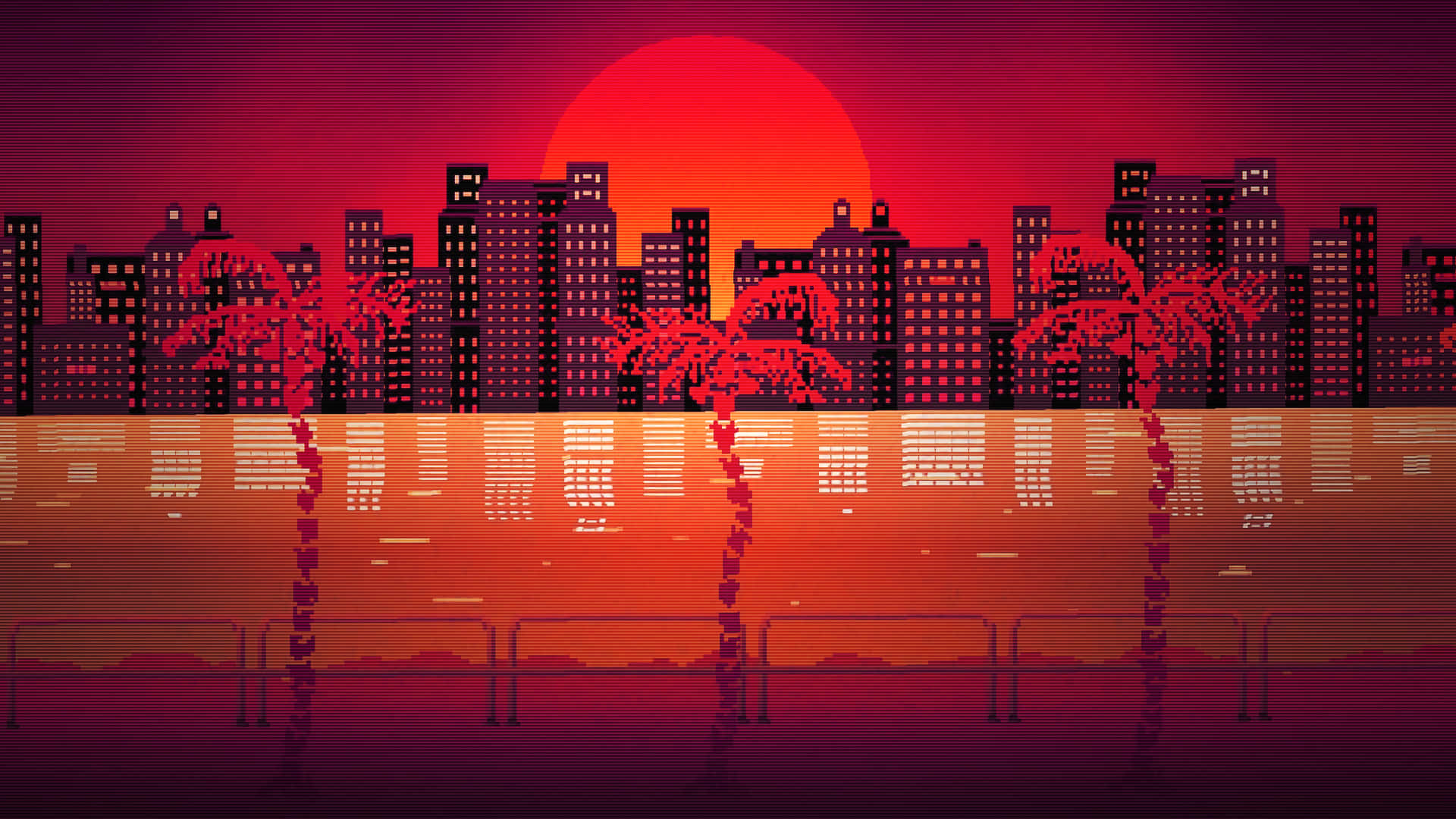 Miami 桌布 壁紙 — 像素藝術城市天際線，日落時分，棕櫚樹和發光的建築物呈現火紅和橙色。