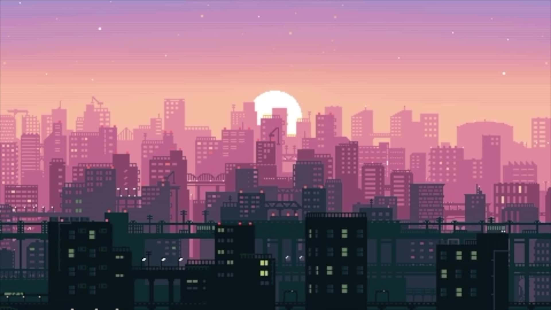 lofi 桌布 壁紙 — 像素藝術城市天際線，黃昏時分，發光的太陽和閃爍的星星在剪影建築物上方。
