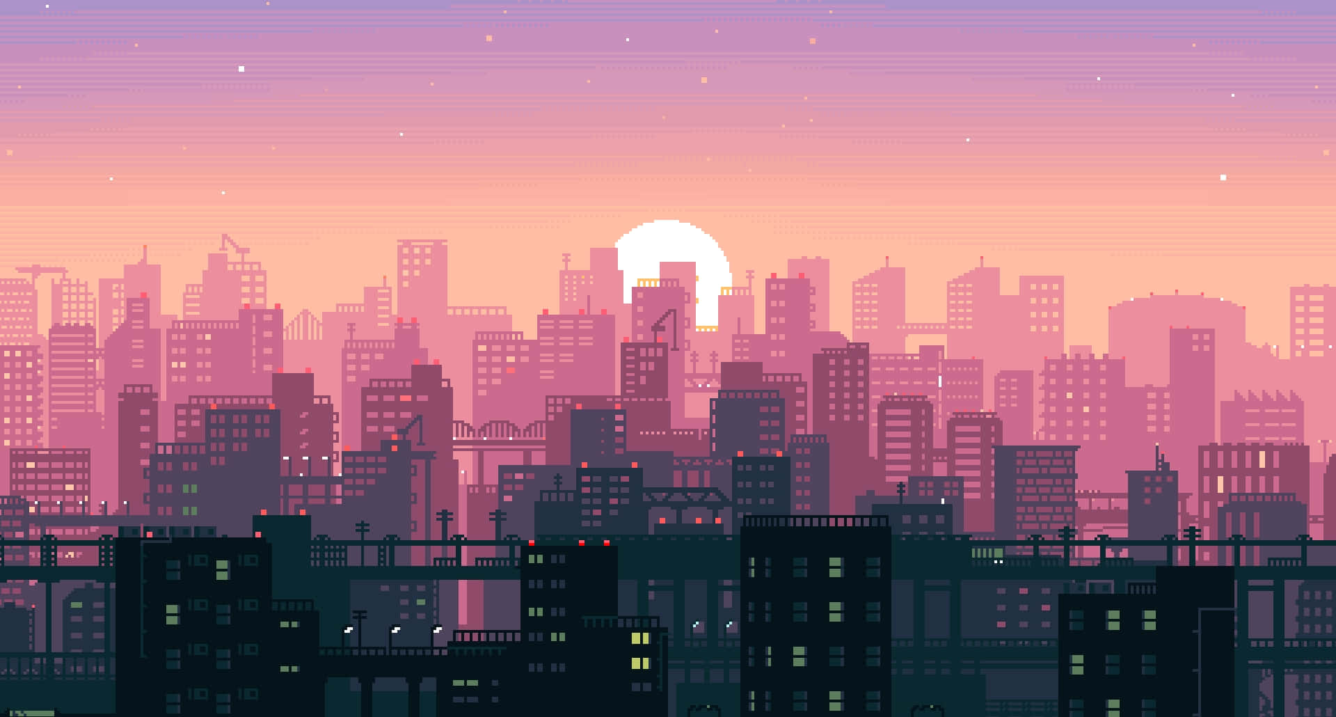 Lo Fi Aesthetic 桌布 壁紙 — 像素藝術城市天際線在日落時分，建築物發光，天空呈現柔和的粉橙色。