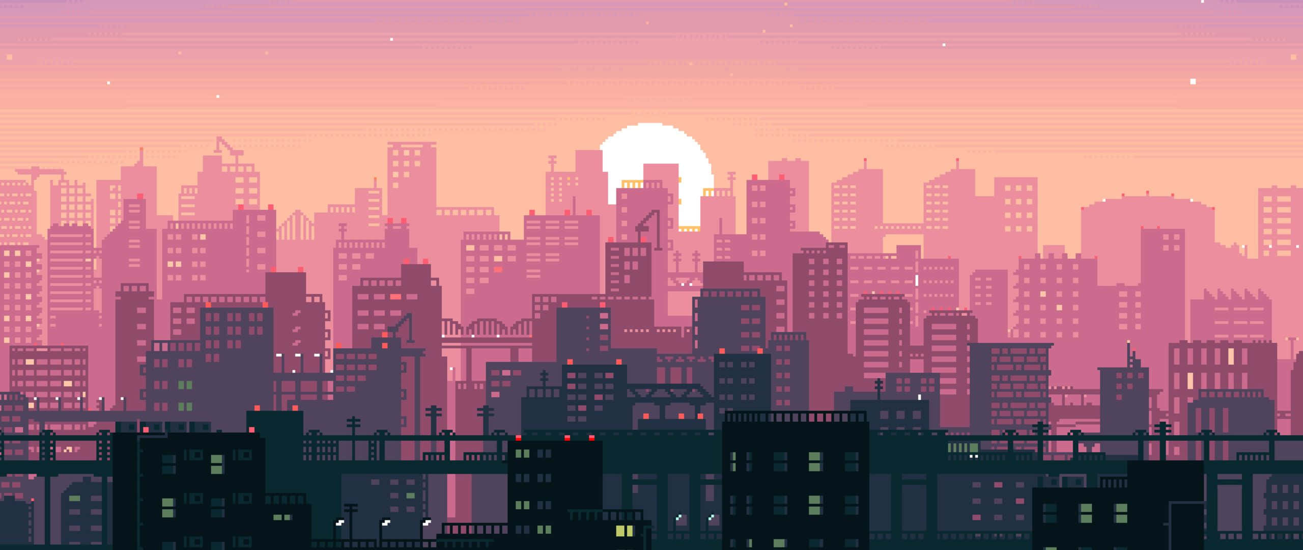 Art 2560x1080 桌布 壁紙 — 像素藝術城市天際線在日落時分，粉橙色天空和發光窗戶映襯著剪影建築。