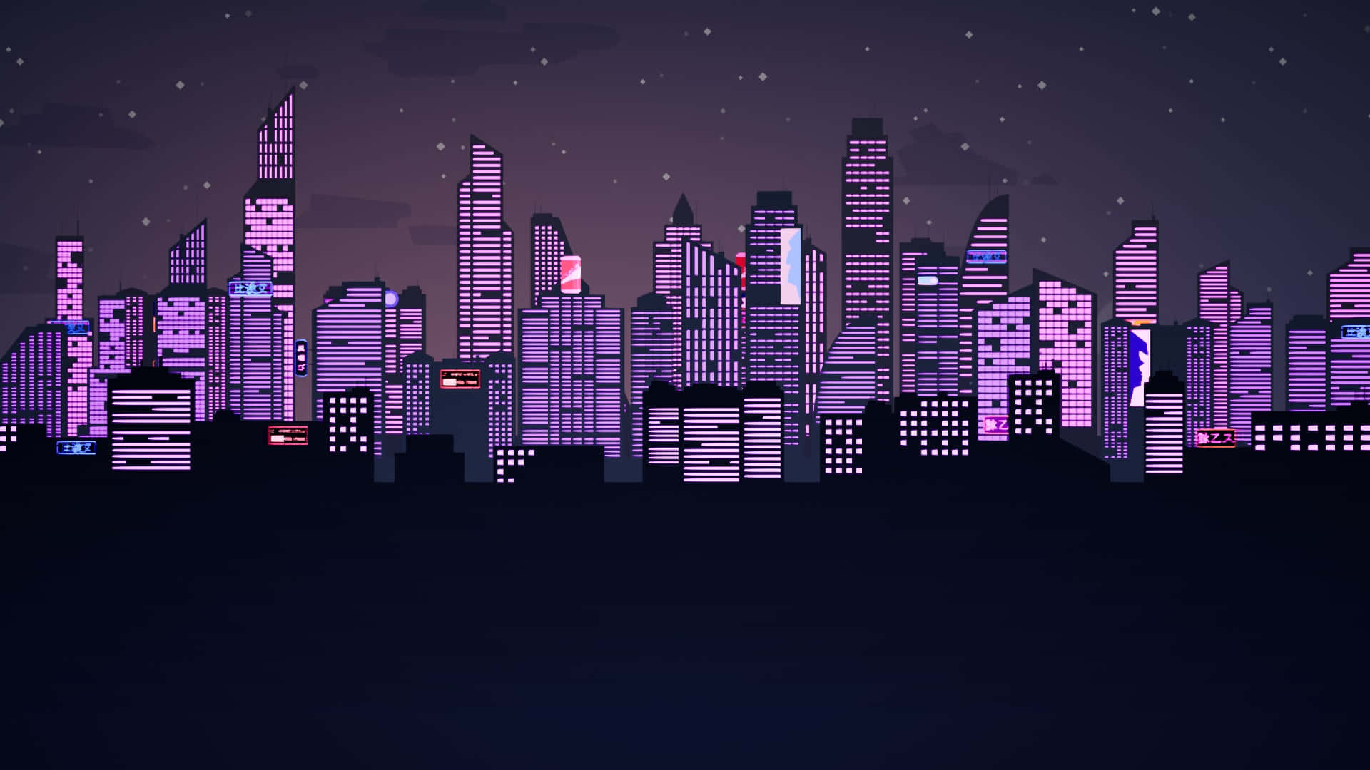 Parallax 桌布 壁紙 — 像素藝術城市天際線在星空下閃爍著紫色霓虹燈。