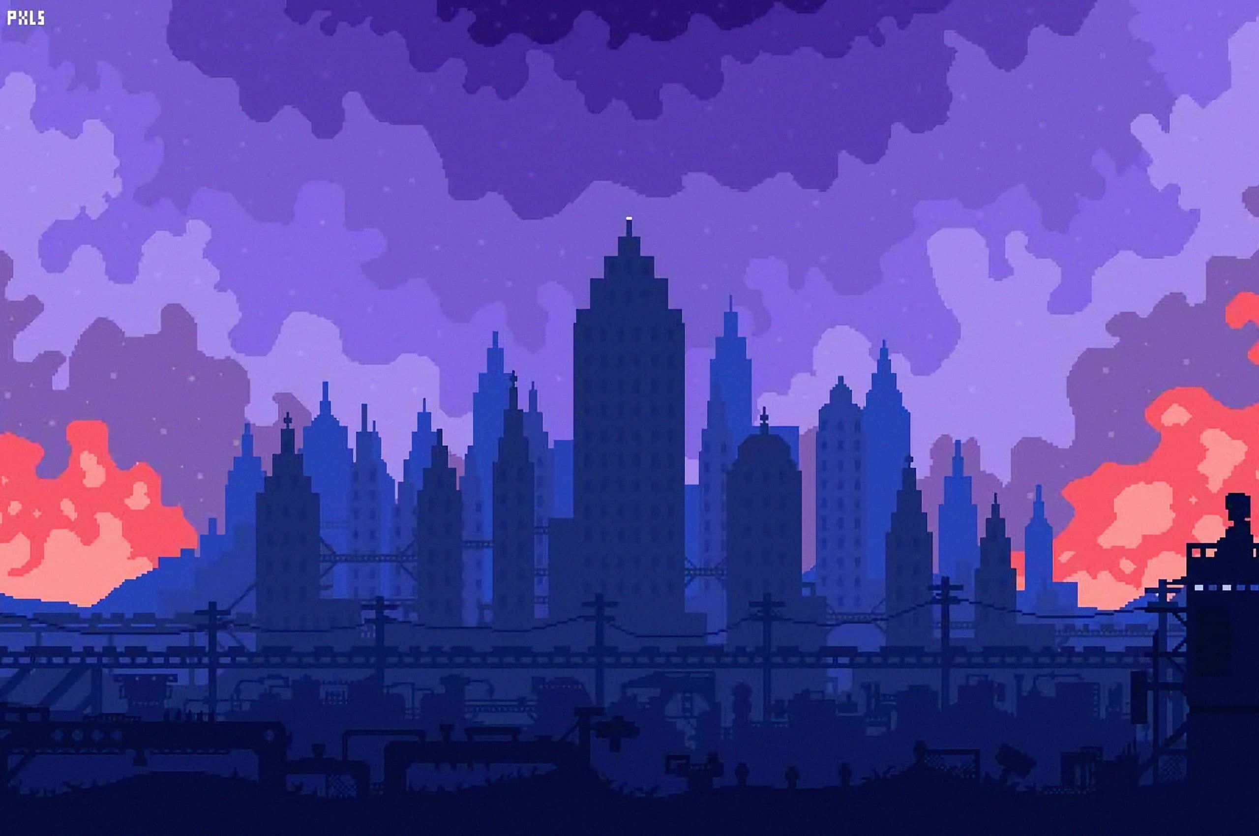 Pixel 桌布 壁紙 — 像素藝術城市天際線在黃昏時分，兩側有紫色雲和火紅橙紅色的雲。