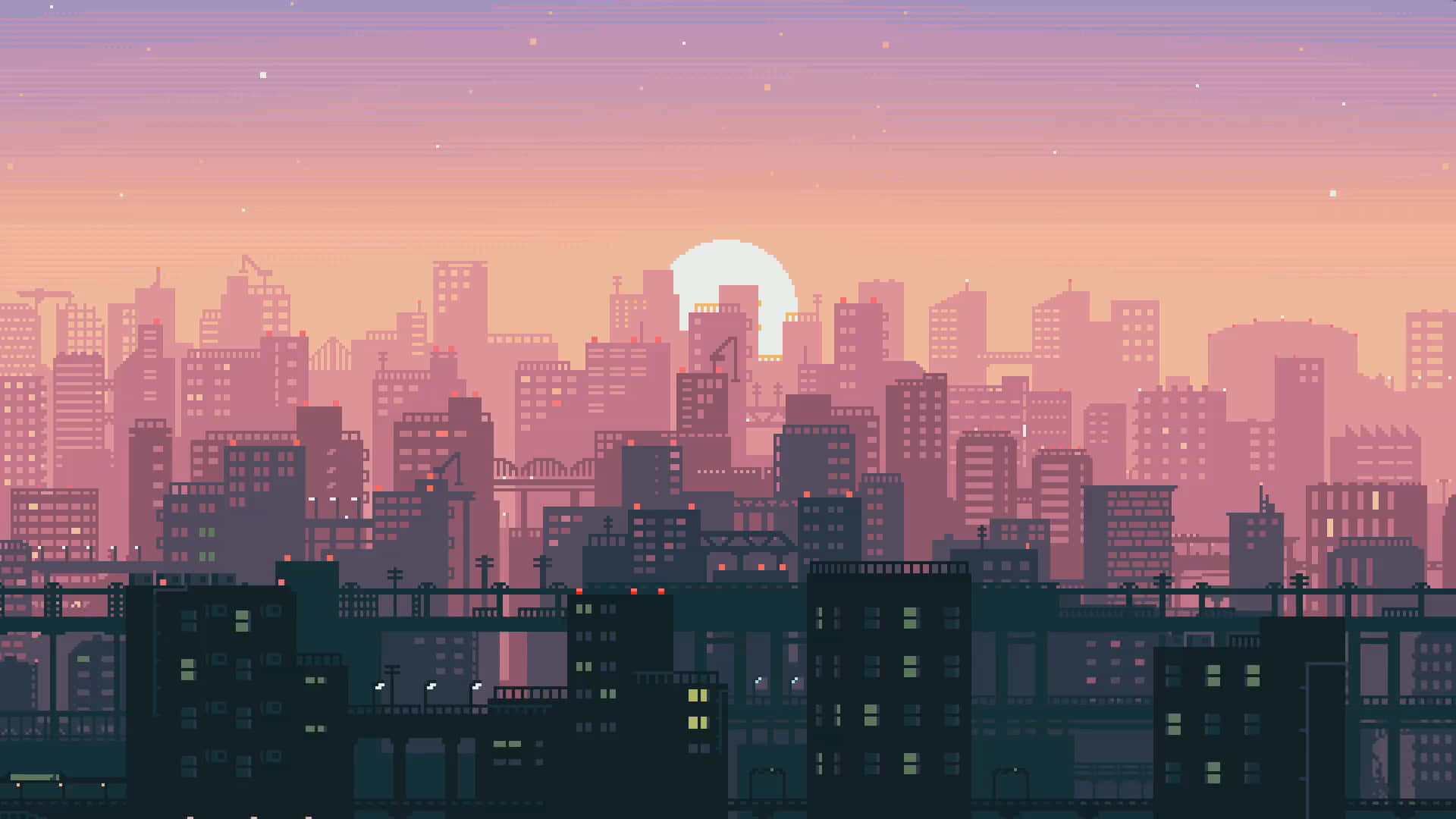 Aesthetic Pixel 桌布 壁紙 — 像素藝術城市天際線在黃昏時分，帶有發光的窗戶和柔和的粉橙色天空。