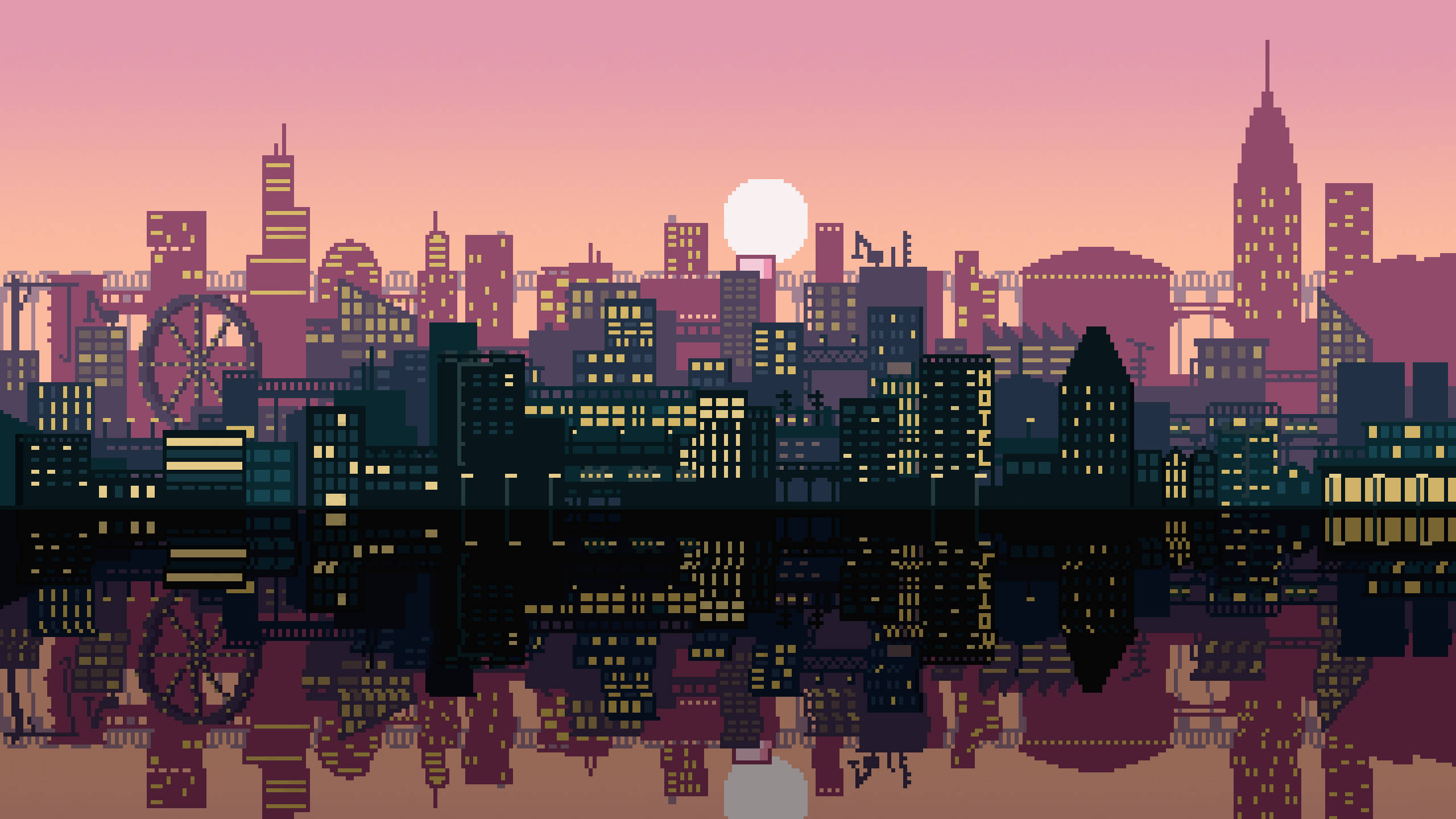 City Pixel Art 桌布 壁紙 — 像素藝術城市天際線在黃昏時分，粉紅和紫色天空下，發光的窗戶倒映在水中。