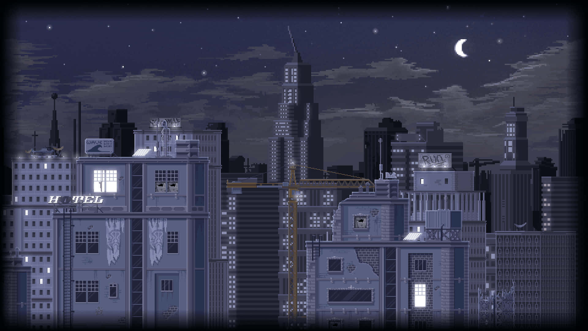 桌布 壁紙 — 像素藝術城市天際線夜景，新月和星空下閃爍的窗戶。