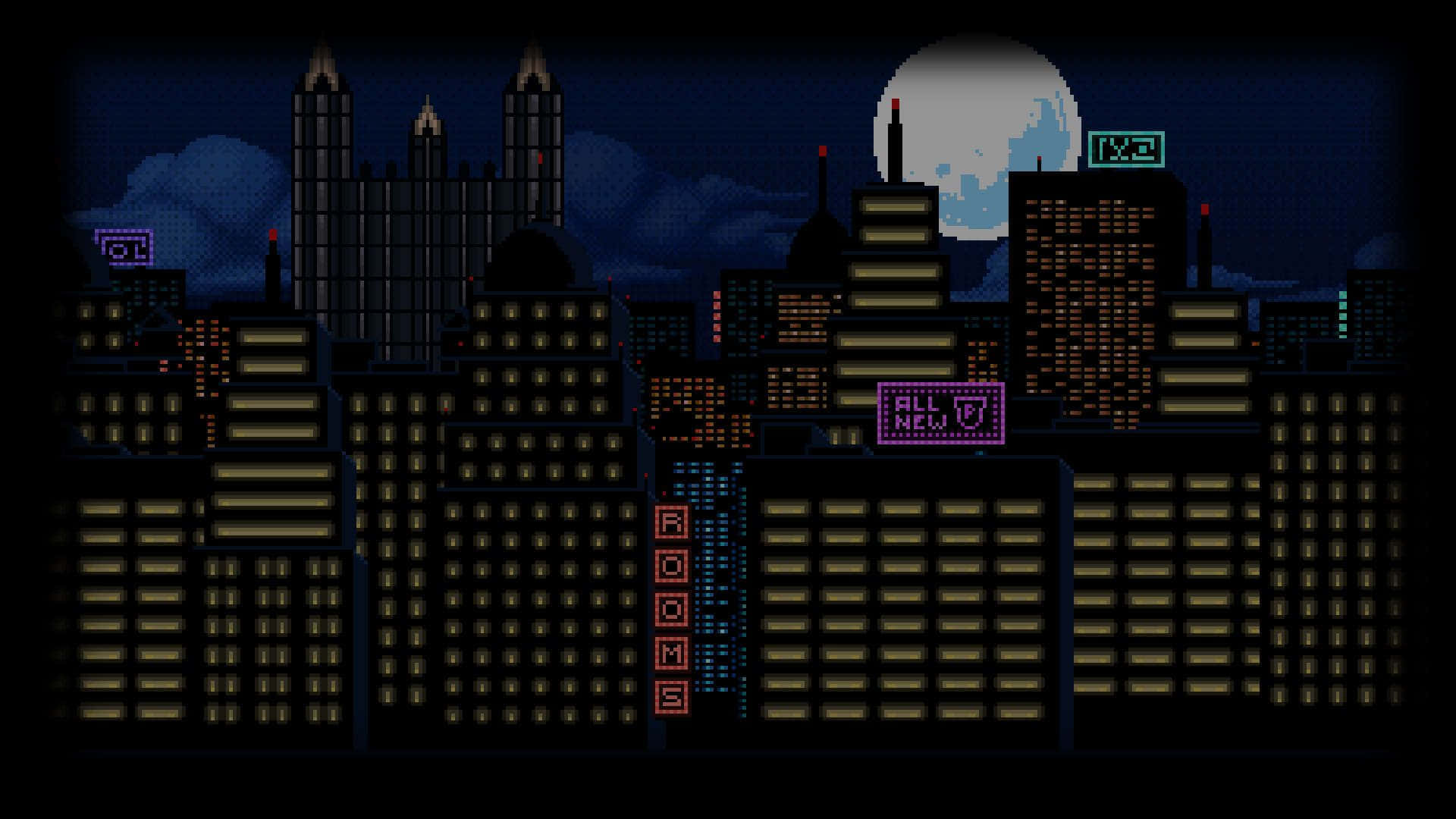  壁紙 — 像素藝術城市天際線夜景，發光的窗戶和摩天大樓上的滿月。