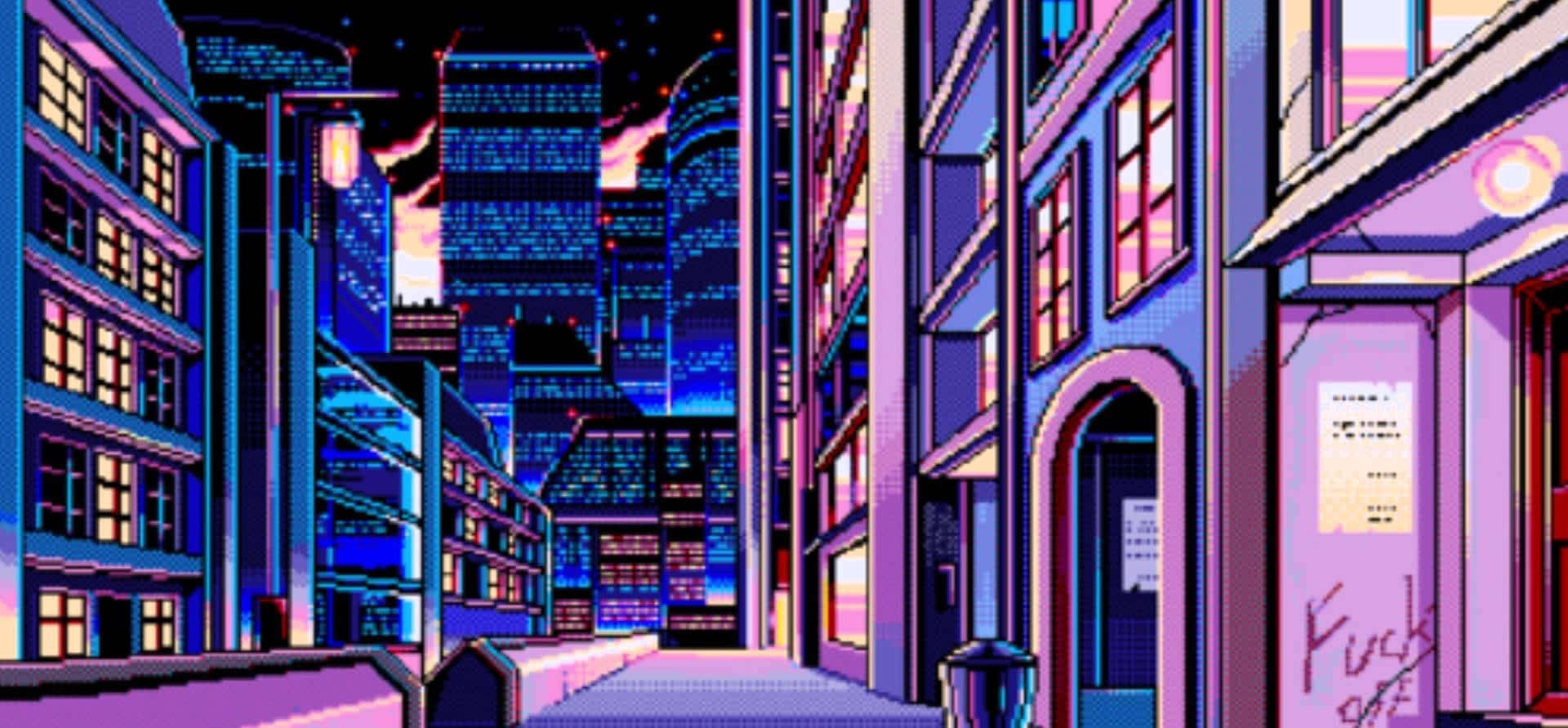 Aesthetic Pixel 桌布 壁紙 — 像素藝術城市小巷在夜晚閃爍著霓虹燈光和紫藍色調，星空下。