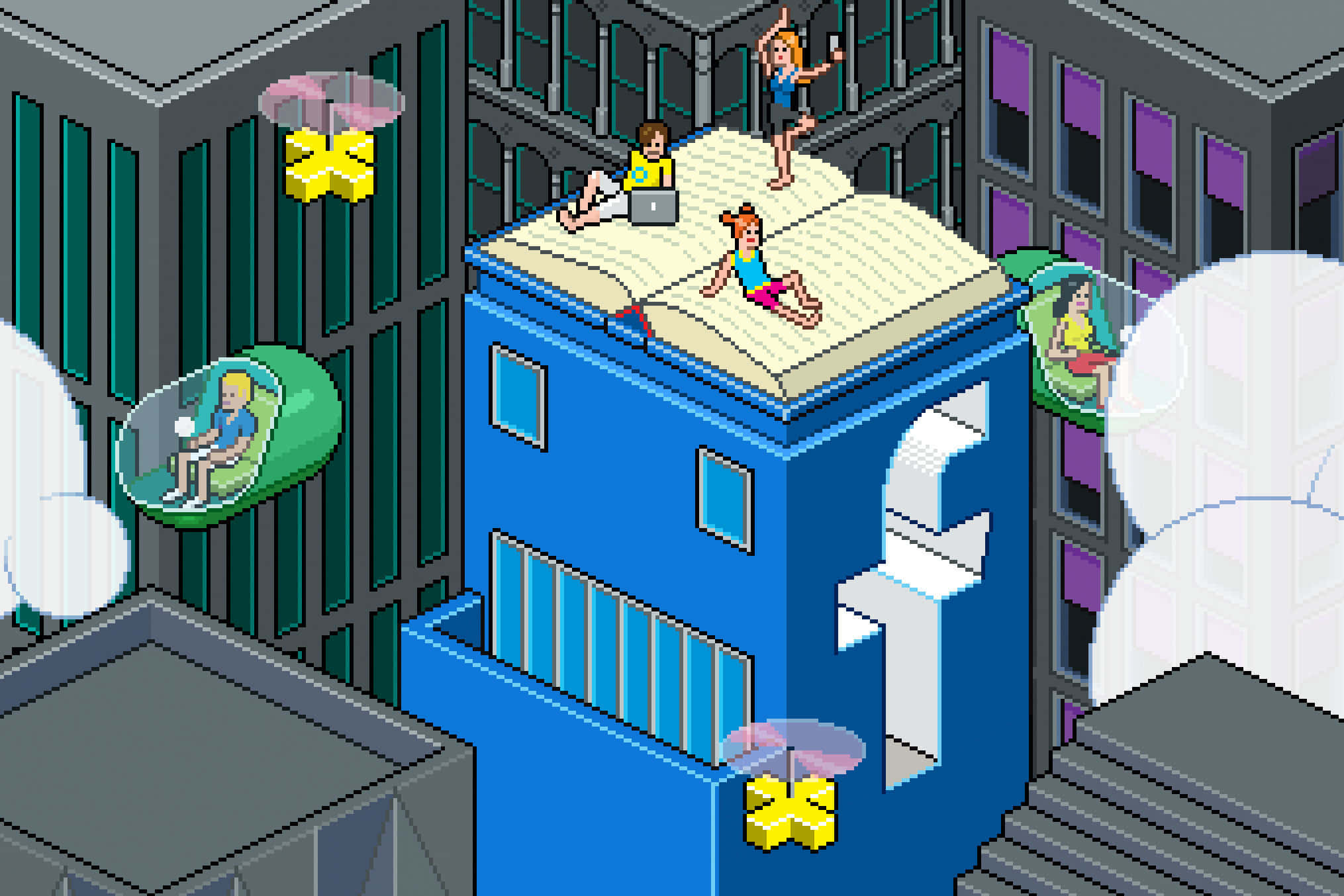 Media 桌布 壁紙 — 像素藝術城市景觀，人們在帶有Facebook標誌的建築物頂上的巨大書本上放鬆，周圍環繞著漂浮的膠囊。