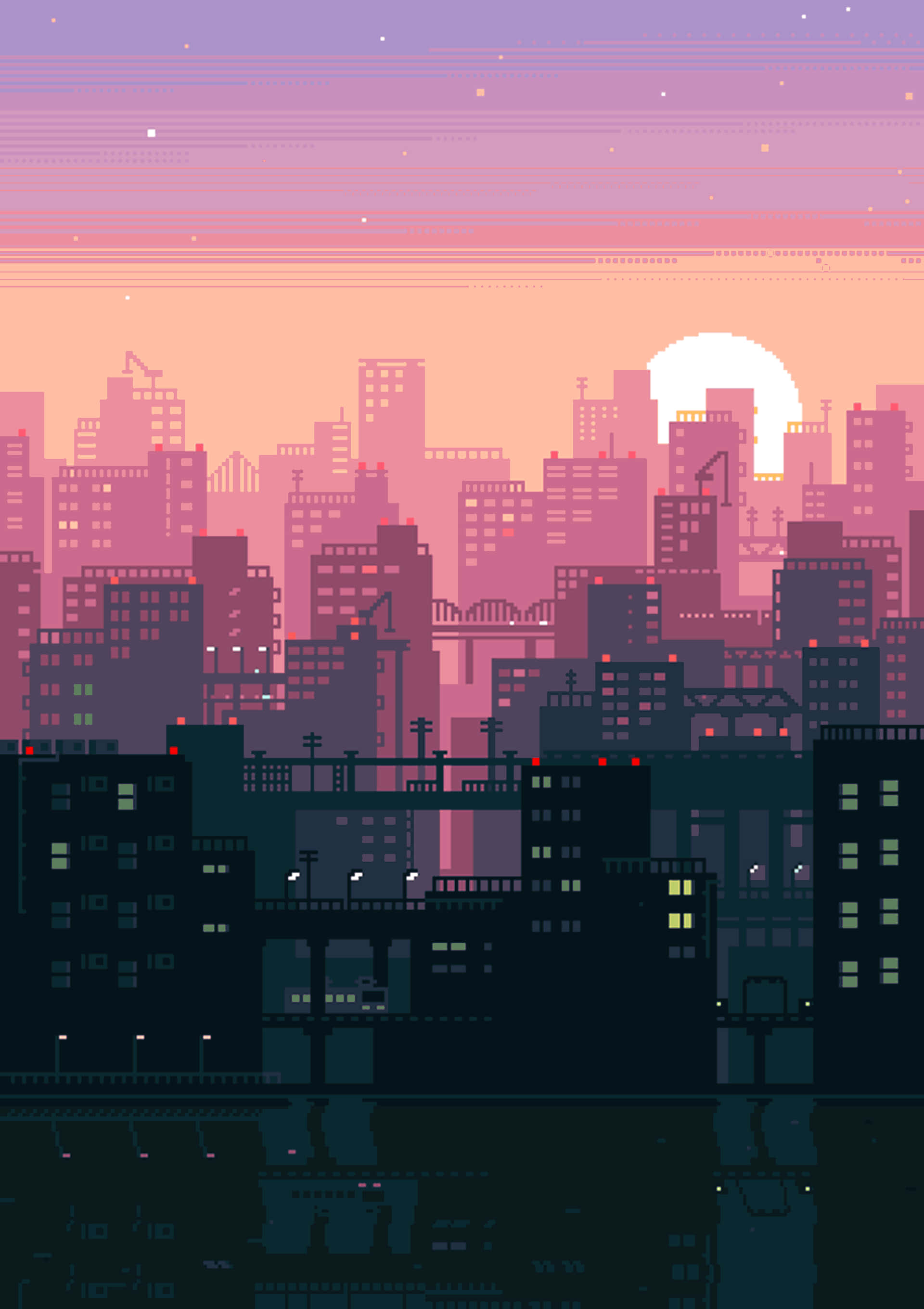 Lo Fi 桌布 壁紙 — 像素藝術城市景觀，夕陽西下，窗戶發光，建築物後方的大太陽倒映在水中。