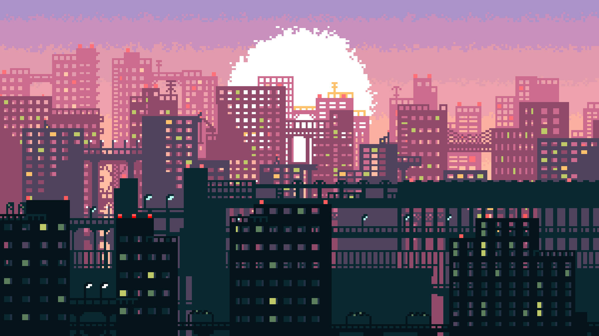 Aesthetic Pixel Art HD 桌布 壁紙 — 像素藝術城市景觀，日落時分，窗戶發光，摩天大樓後方有一個巨大的太陽，色調為粉紅、紫色和青綠色。