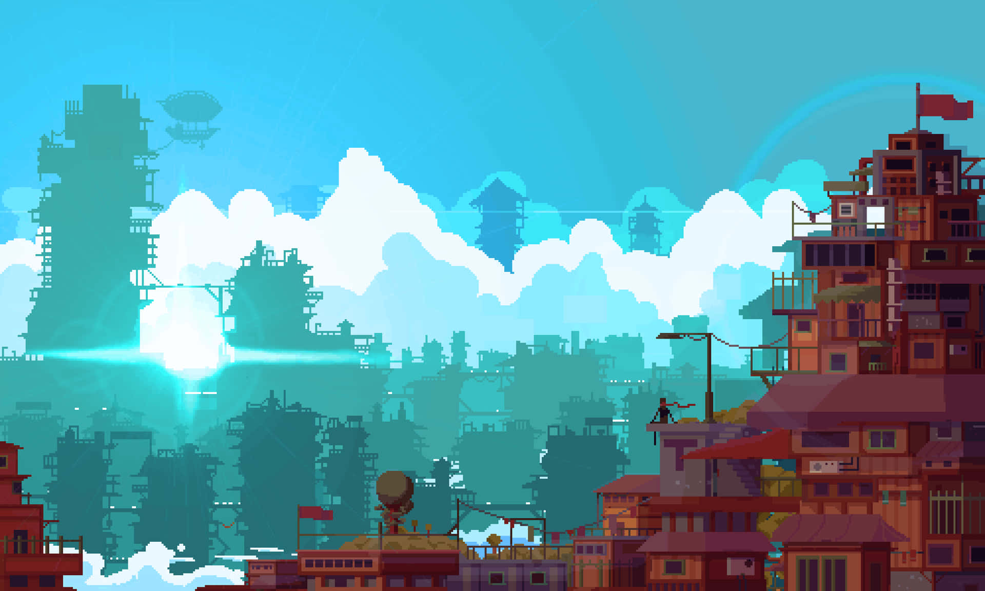 Pixel 桌布 壁紙 — 像素藝術城市景觀，有漂浮飛船和分層建築，在明亮的藍天白雲下。