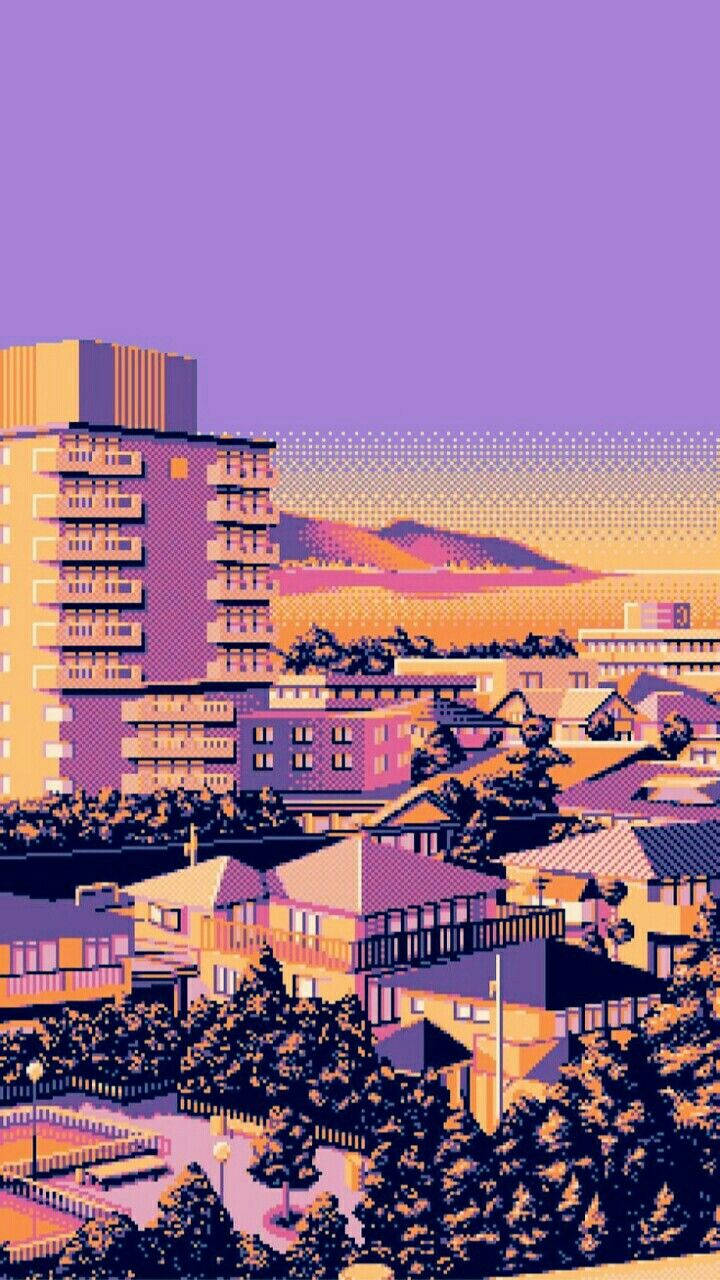 Screen 桌布 壁紙 — 像素藝術城市景觀，粉紫色天空，溫暖橙色建築物隱藏在樹木之間。