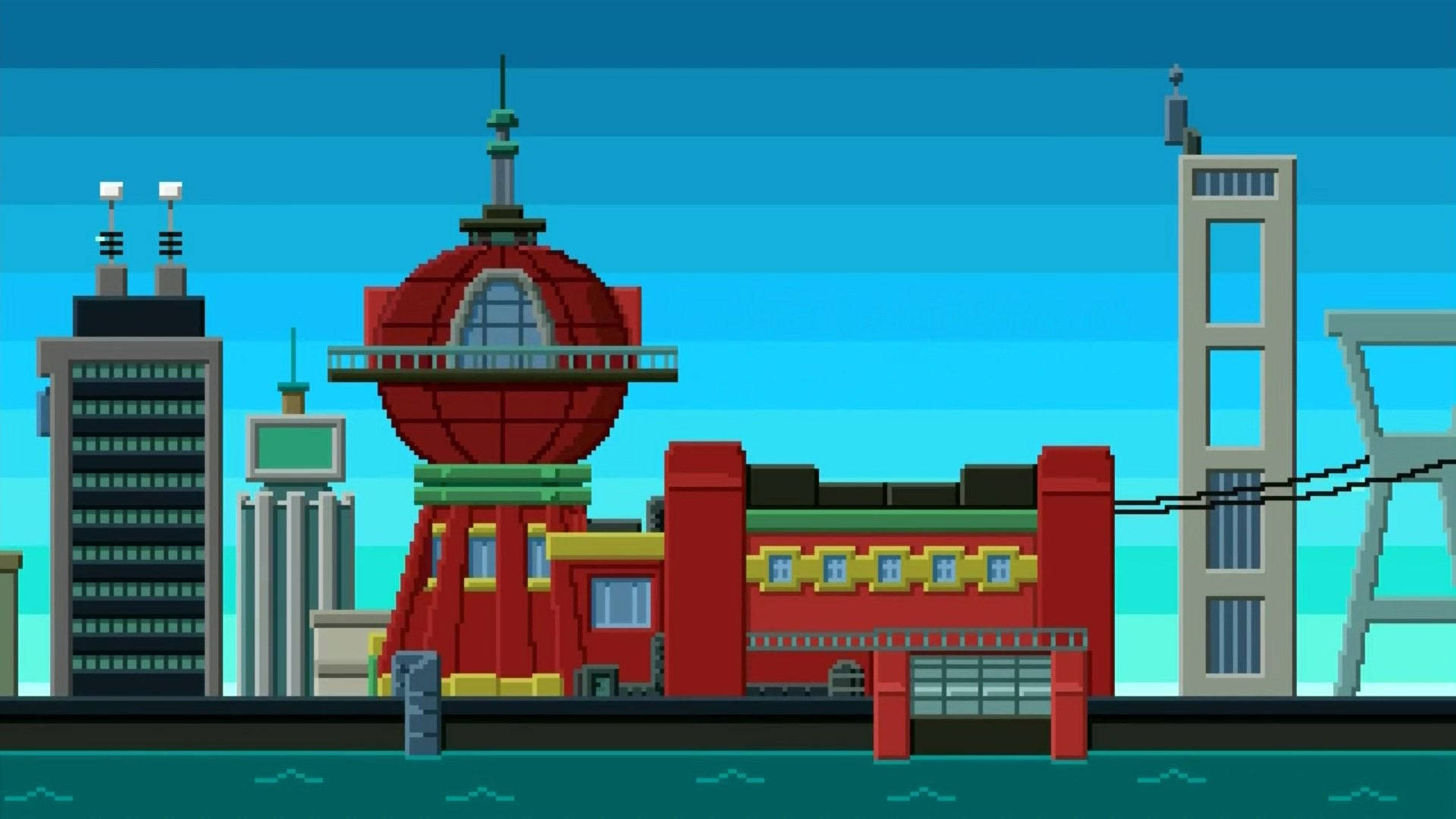 Futurama 桌布 壁紙 — 像素藝術城市景觀，紅色圓頂建築和高塔在晴朗藍天下。