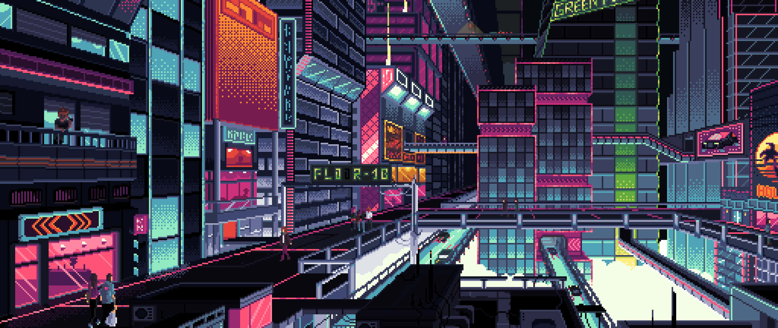 Art 2560x1080 桌布 壁紙 — 像素藝術城市景觀，霓虹燈在無星的夜空下，在黑暗的摩天大樓上閃爍粉紅色和藍綠色。