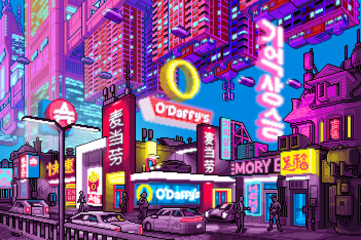 桌布 壁紙 — 像素藝術城市景觀，霓虹燈牌在充滿汽車和行人的街道上空飛翔，背景是充滿活力的紫色天空。
