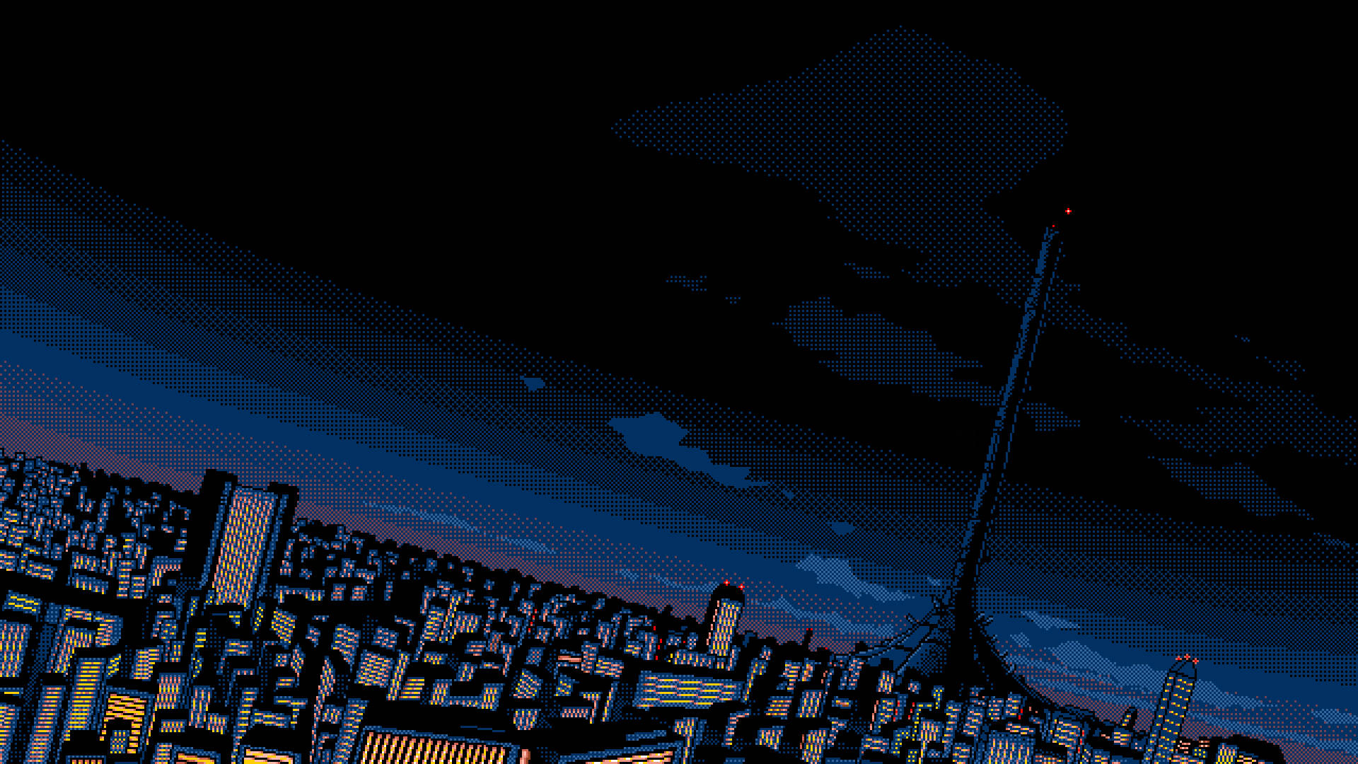 Aesthetic Pixel Art HD 桌布 壁紙 — 像素藝術城市景觀，黃昏時分，發光的窗戶和一座高聳的建築物，背景是深藍色的天空。