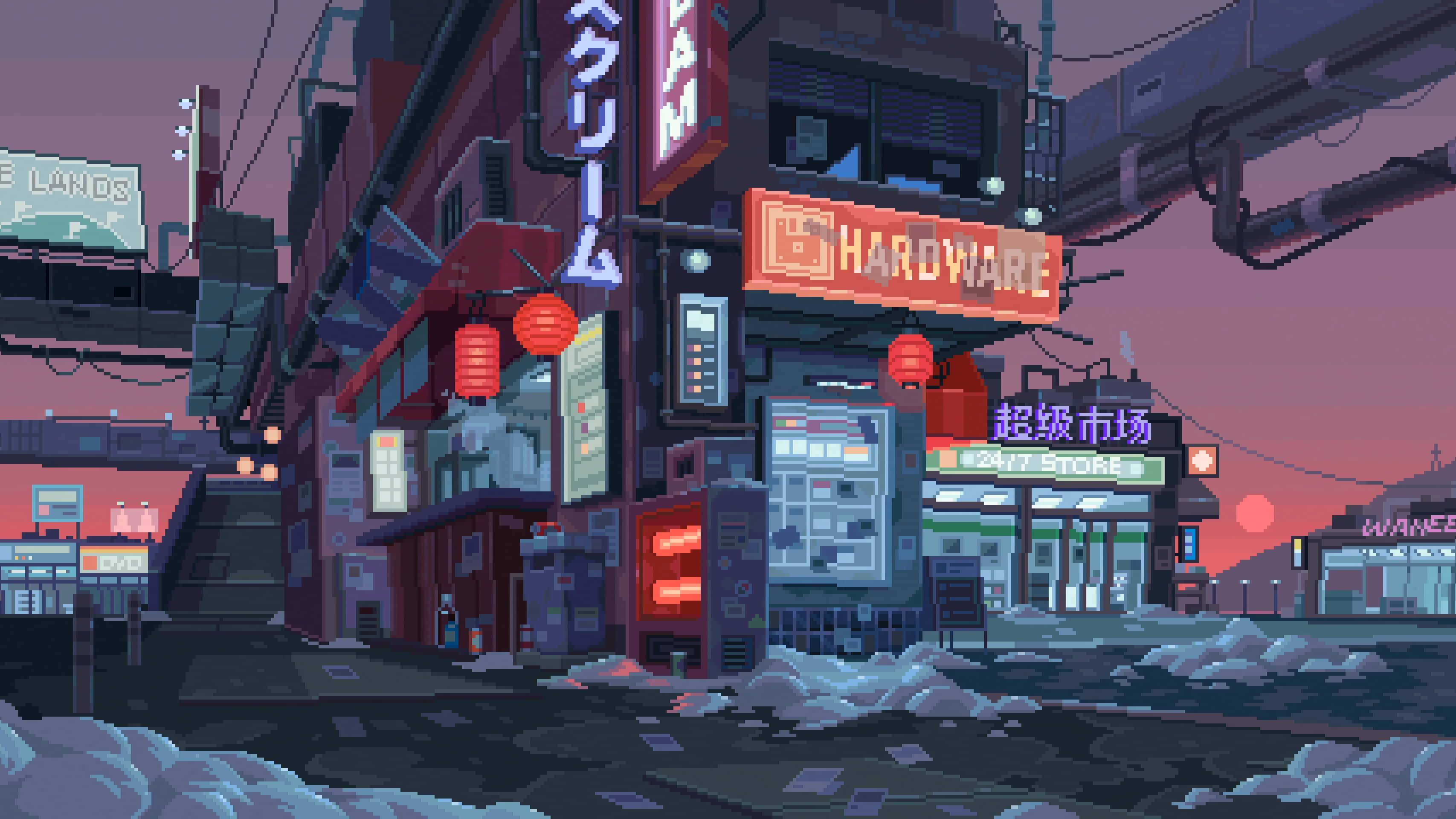 City Pixel Art 桌布 壁紙 — 像素藝術城市街道，黃昏時分，粉紅天空下，霓虹燈牌、雪堆和掛燈籠。