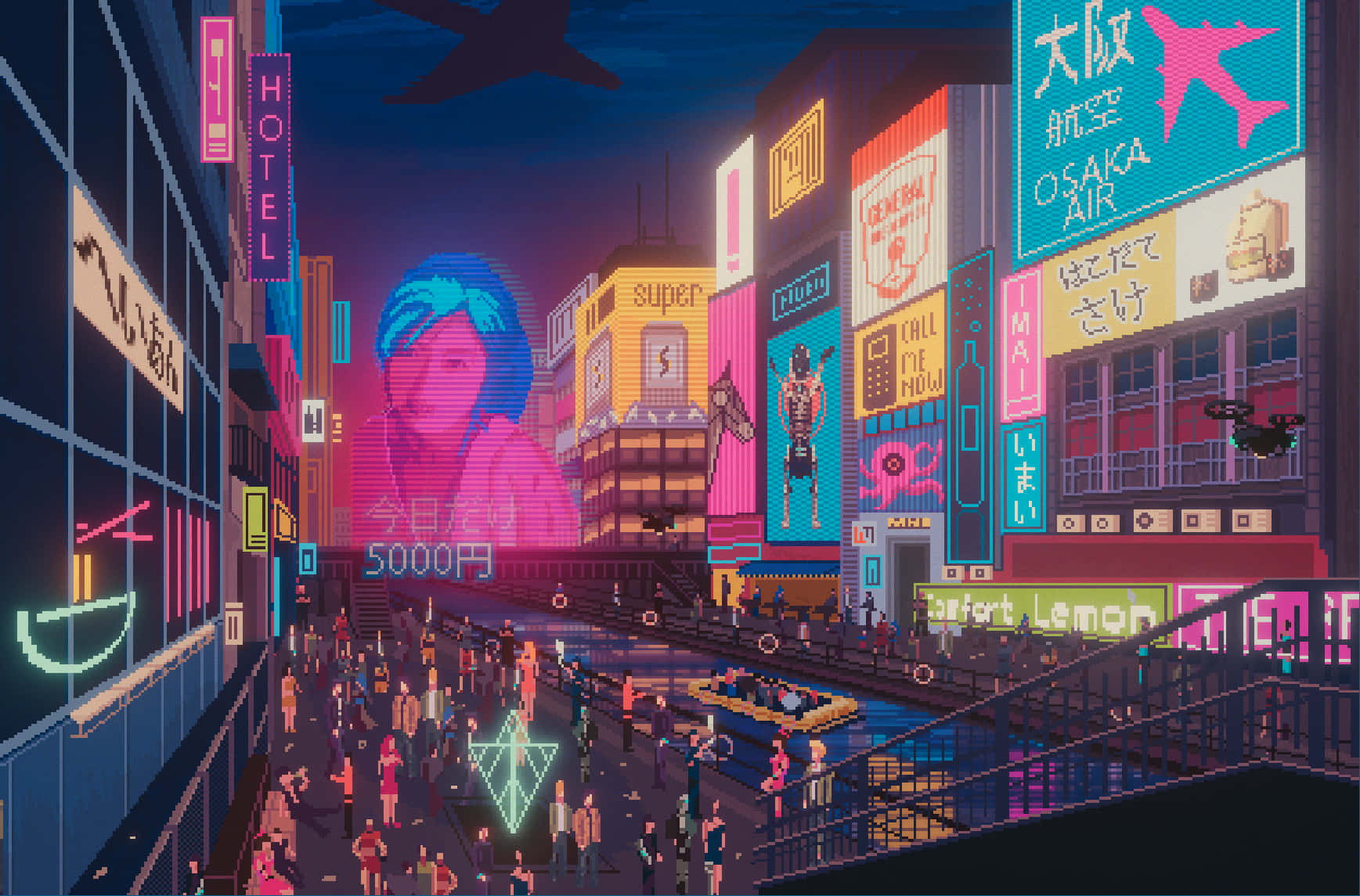 桌布 壁紙 — 像素藝術城市街道在夜晚閃爍著霓虹燈牌和人群，在黑暗的天空下。