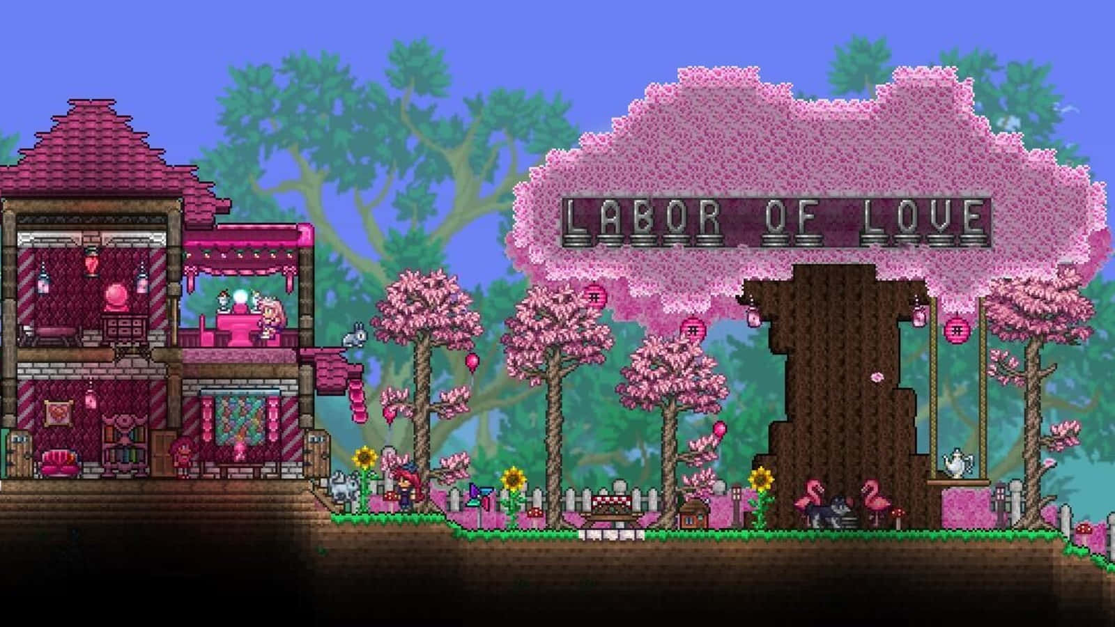Indie Games 桌布 壁紙 — 像素藝術場景：粉紅色主題房屋和櫻花樹，藍天下有「LABOR OF LOVE」標誌。