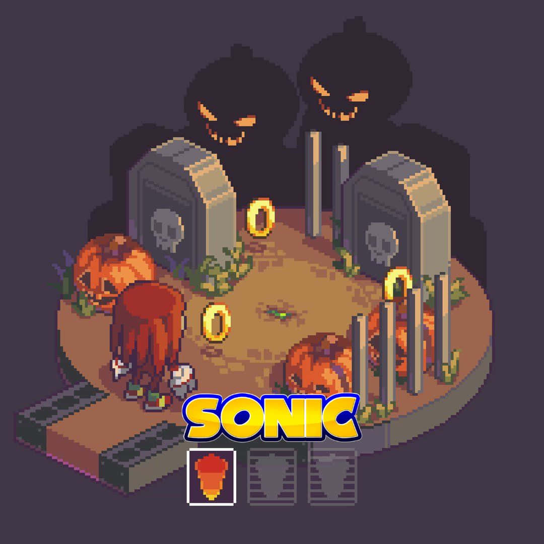 Sonic Pumpkin Hill 桌布 壁紙 — 像素藝術場景，索尼克在陰森墓地中，有南瓜燈和鬼影籠罩墓碑。