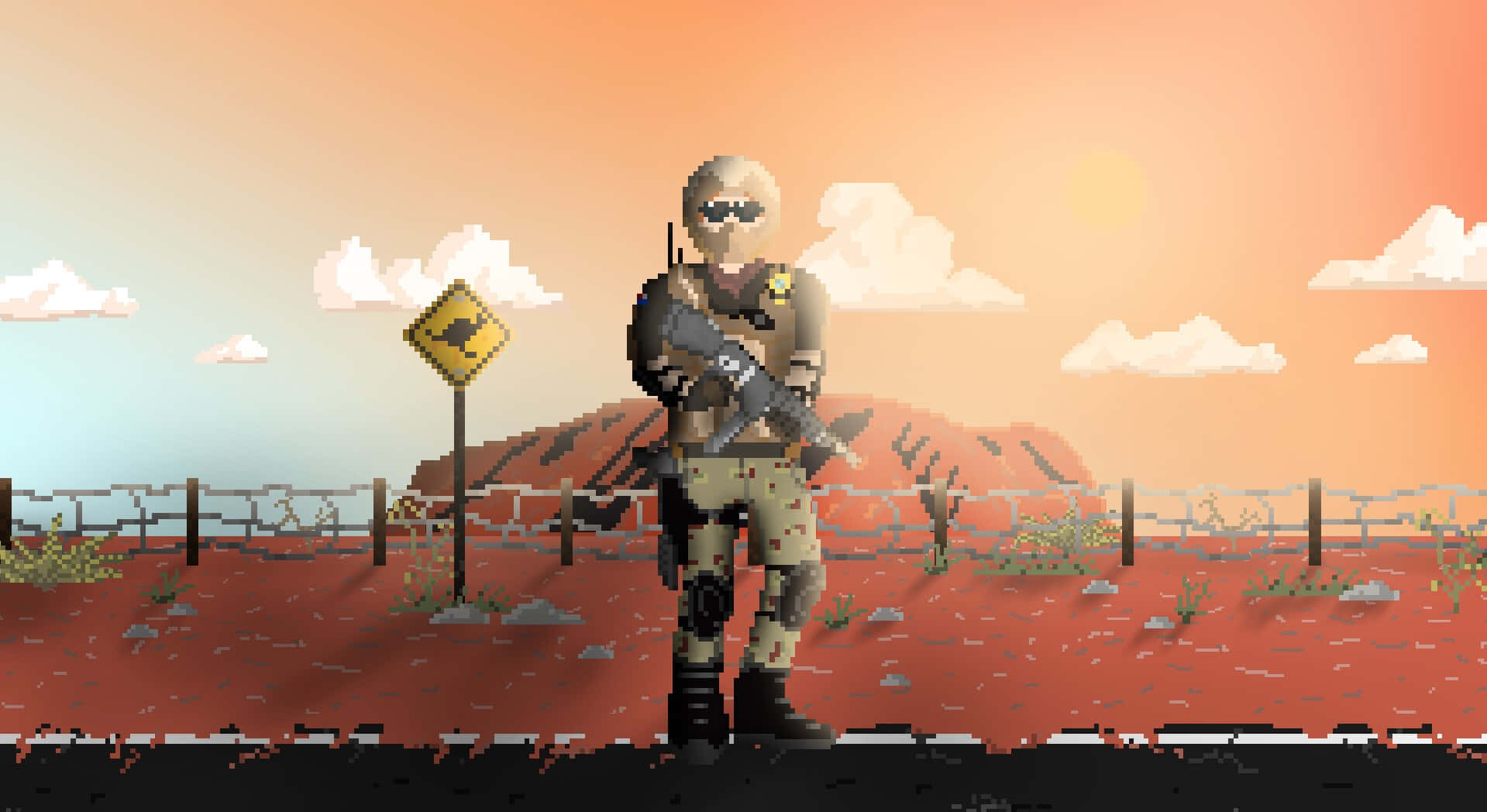 Rainbow Six Siege Mozzie 桌布 壁紙 — 像素藝術士兵在沙漠日落時分持步槍站在路牌附近，背景有山丘和圍欄。