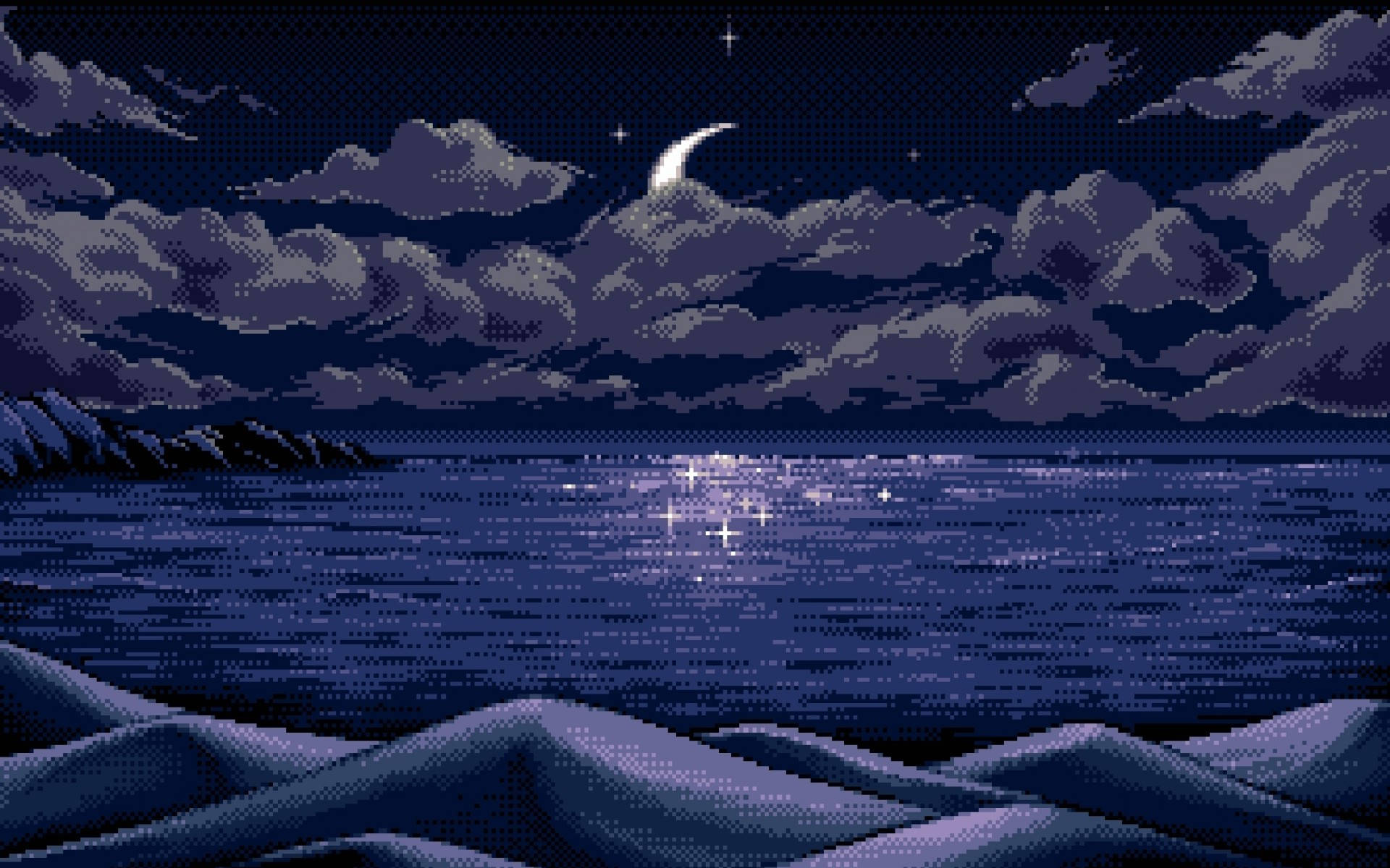 自然 桌布 壁紙 — 像素藝術夜景，新月、星星和烏雲倒映在平靜的海浪上。