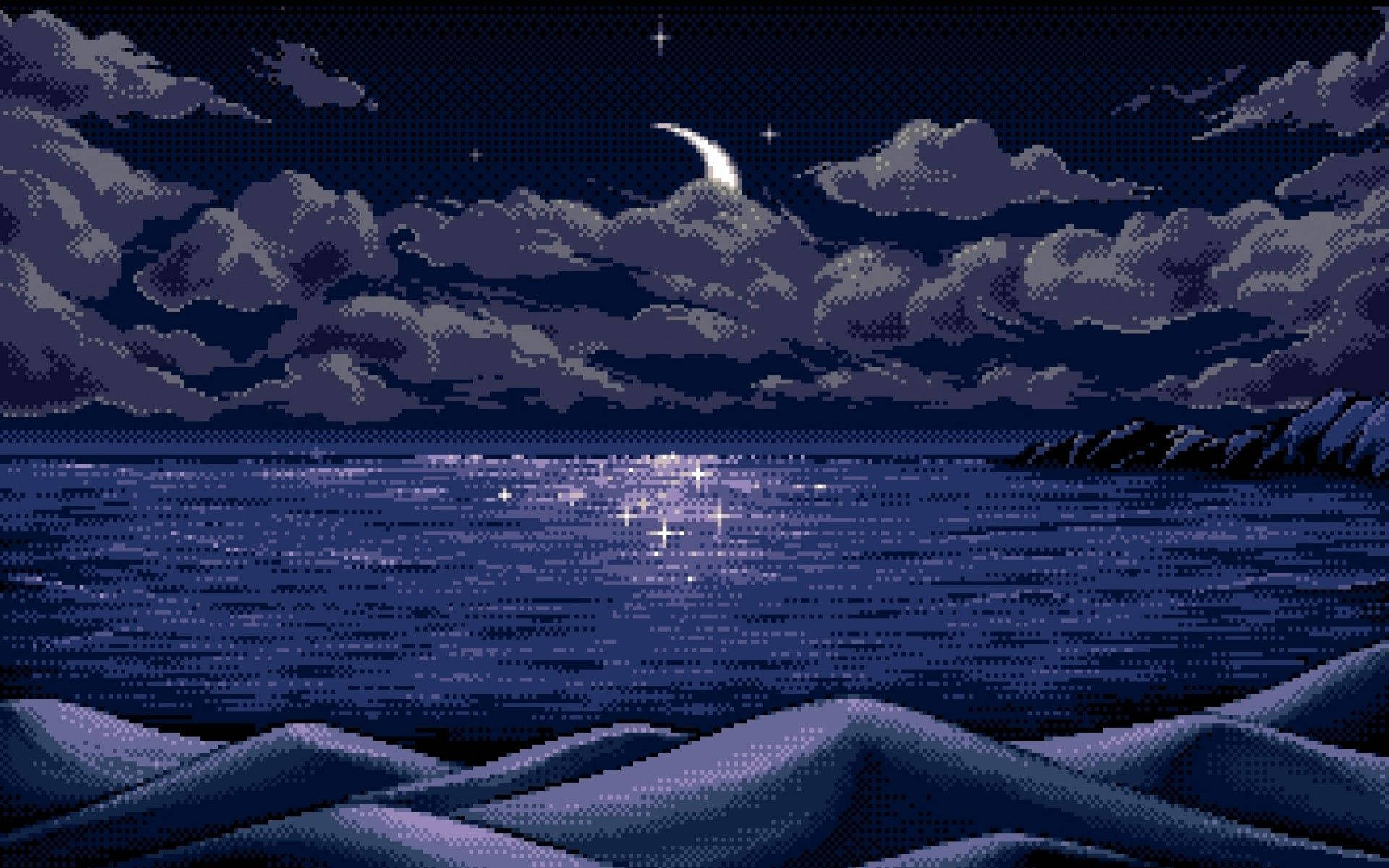暗黑風格 桌布 壁紙 — 像素藝術夜景，新月、星星和烏雲倒映在平靜的海洋上，遠處有岩石海岸。