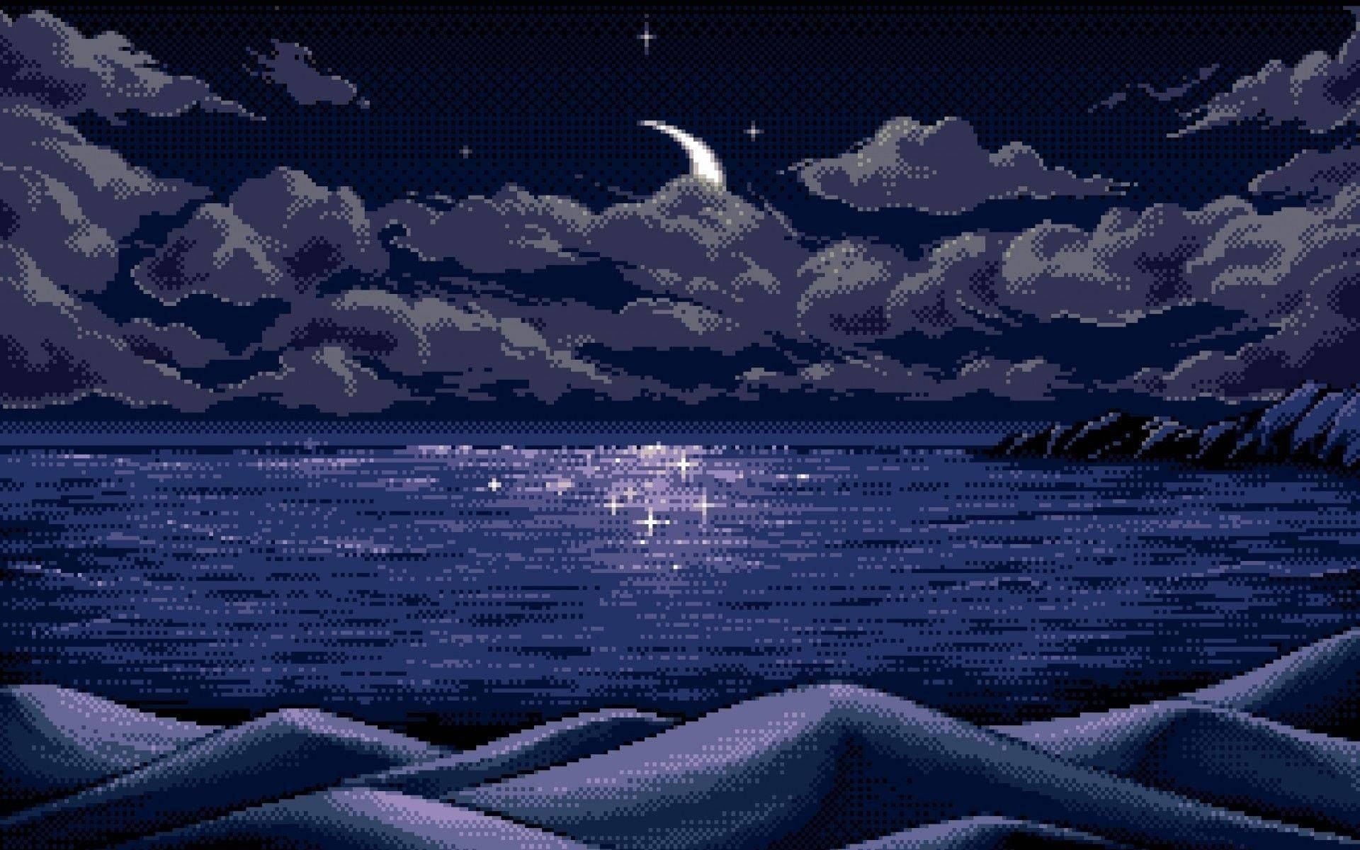 美學藝術 桌布 壁紙 — 像素藝術夜景，新月、星星和烏雲映照在平靜的海洋上，前景是白雪覆蓋的山丘。