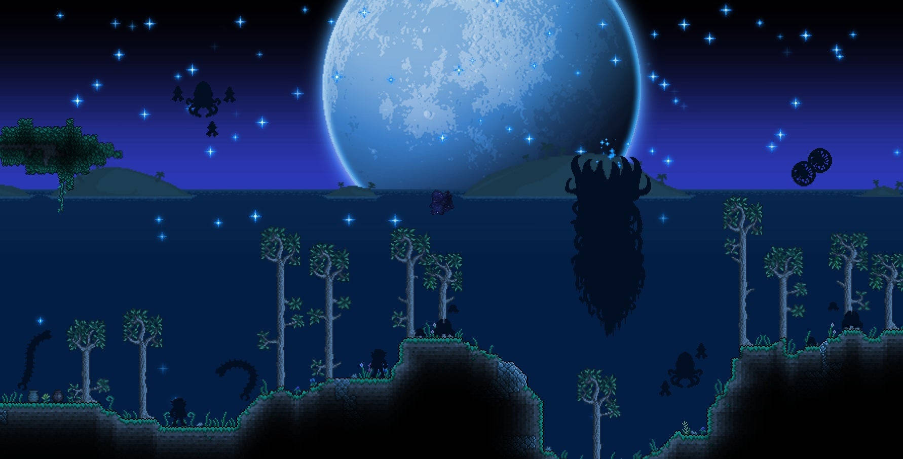 Terraria Moon Lord 桌布 壁紙 — 像素藝術夜景，有巨大的藍色月亮、閃爍的星星，以及黑暗海洋景觀中的樹木和生物的剪影。