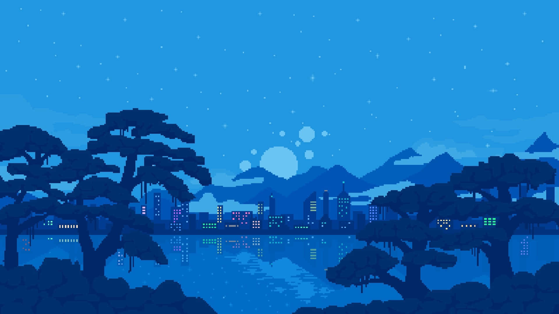 Snowy Mountain 桌布 壁紙 — 像素藝術夜景，松樹環繞的星空下，城市燈光在水面上閃爍倒映。