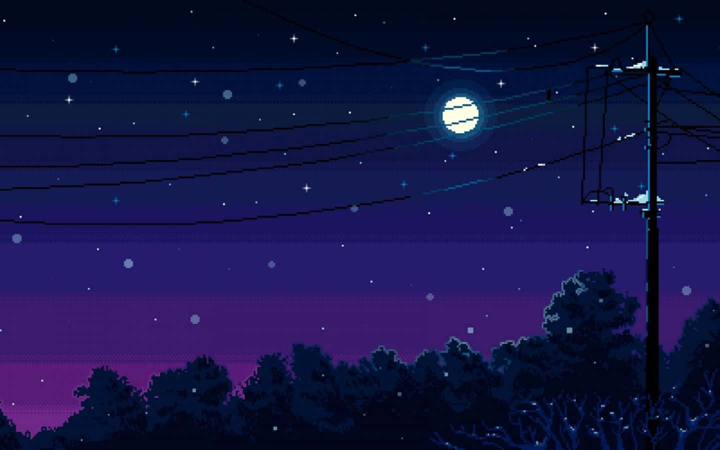 美學 YouTube 桌布 壁紙 — 像素藝術夜景，滿月在電線後發光，在繁星點點的紫色天空下，黑暗的樹線之上。