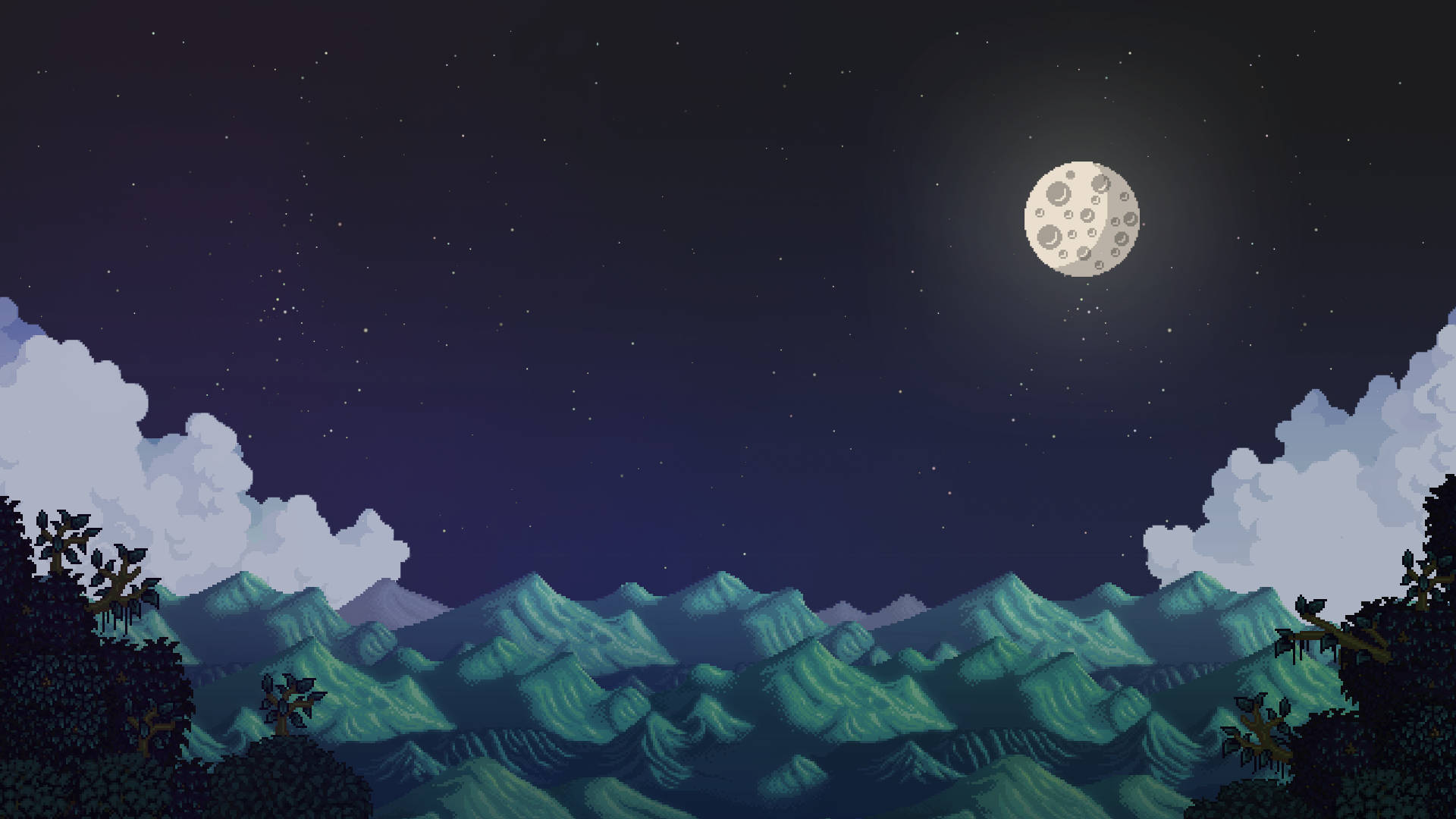 Valley 桌布 壁紙 — 像素藝術夜景，滿月照耀在青綠色的山脈上，周圍有雲朵和暗色樹木。